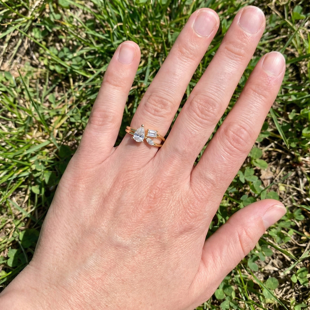 Sculpted Split Shank Three Stone Engagement Ring in 14K Solid Gold, 0.30 CT Pear Cut Lab Created Diamond, Gift for Her