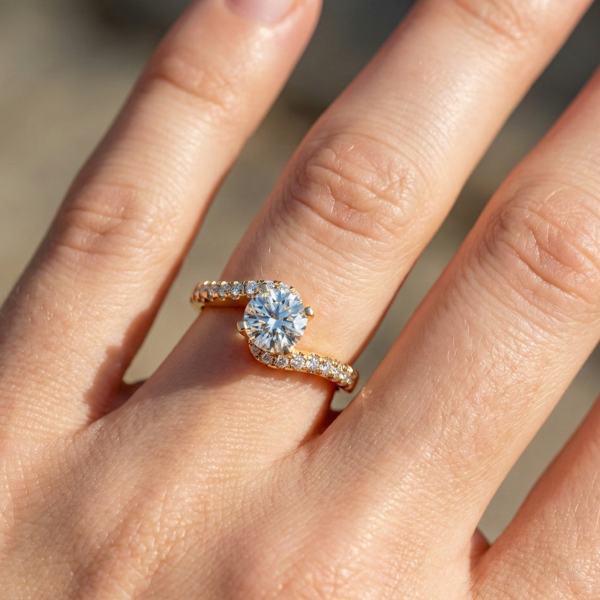 Elegant Bypass Pave Solitaire Engagement Ring in 14K Solid Gold, 0.50 CT Round Cut Lab Grown Diamond, Handmade Jewelry, Gift for Her