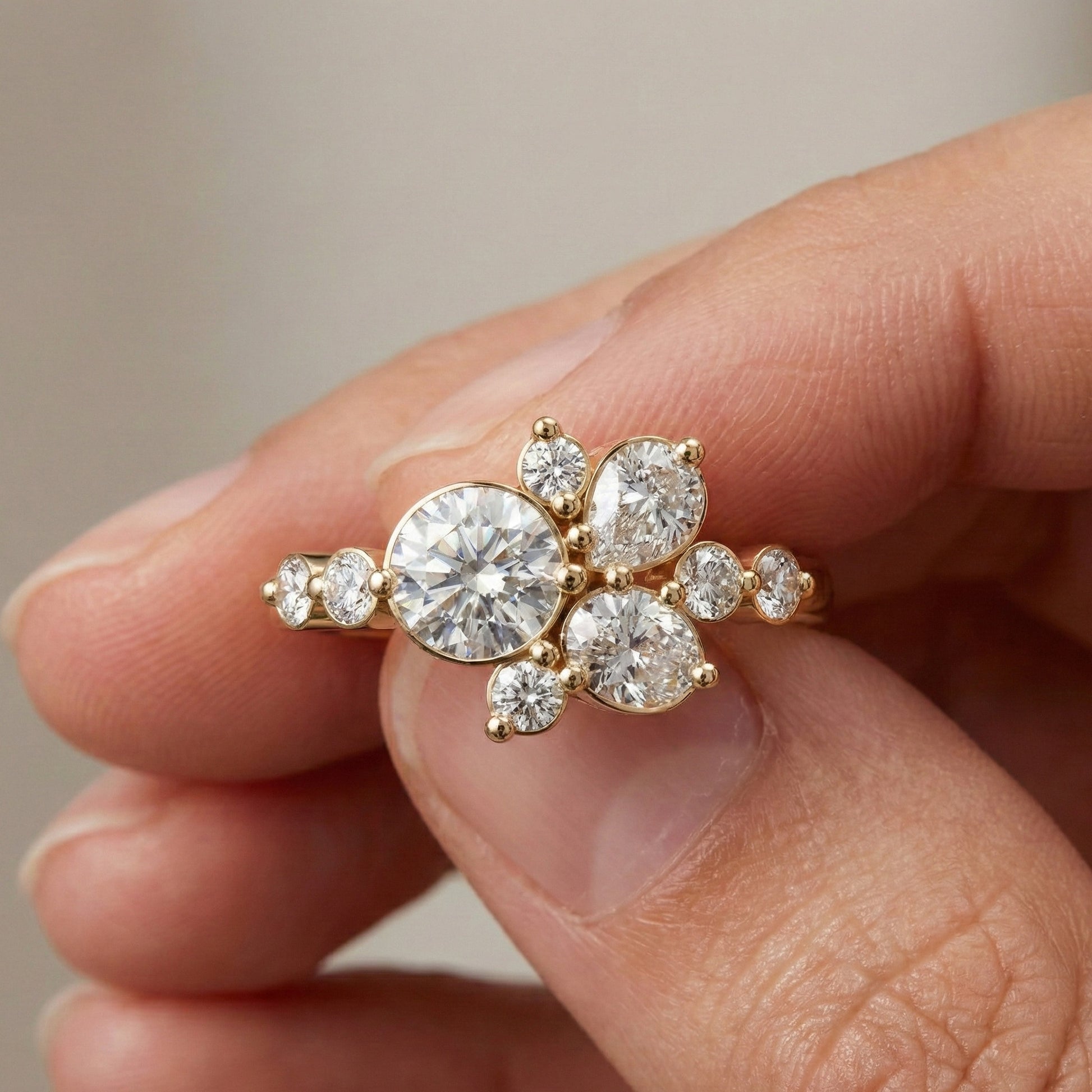 Unique Flower Cluster Ring in 14K Solid Gold, 0.75 TCW Round Cut Lab Created Diamonds, Engagement Ring, Bridal Jewelry