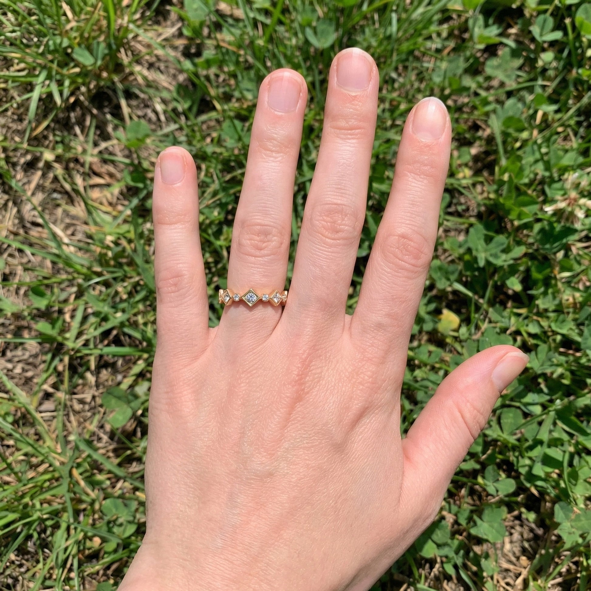 Art Deco Inspired Geometric Diamond Wedding Band in Lab Diamond-14k Solid Gold, Unique Band For Her,