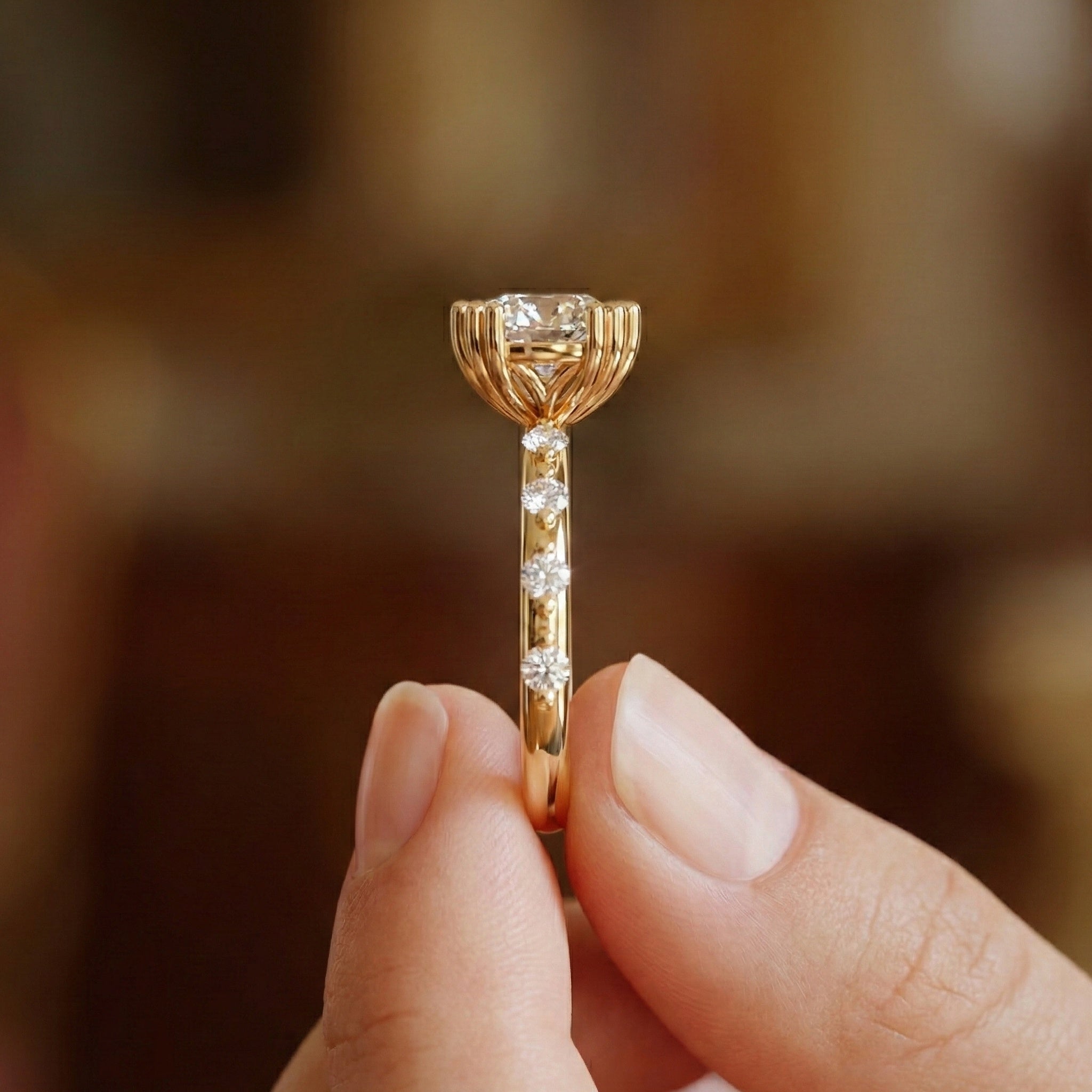 Modern Solitaire Pavé Engagement Ring in 14k Solid Gold, 1.00 CT Round Cut Lab Diamond, Promise Ring, Wedding Gift for Her, Everyday Jewelry