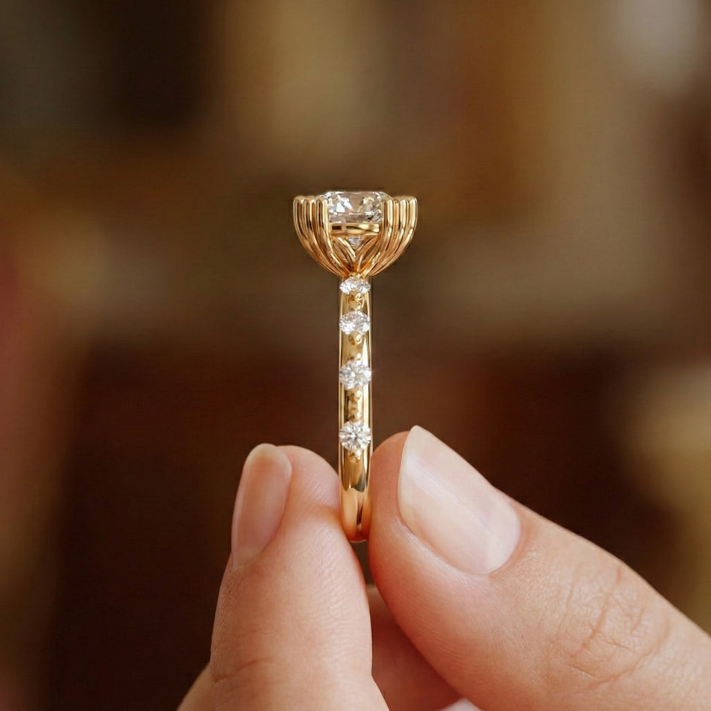 Modern Solitaire Pavé Engagement Ring in 14k Solid Gold, 1.00 CT Round Cut Lab Diamond, Promise Ring, Wedding Gift for Her, Everyday Jewelry