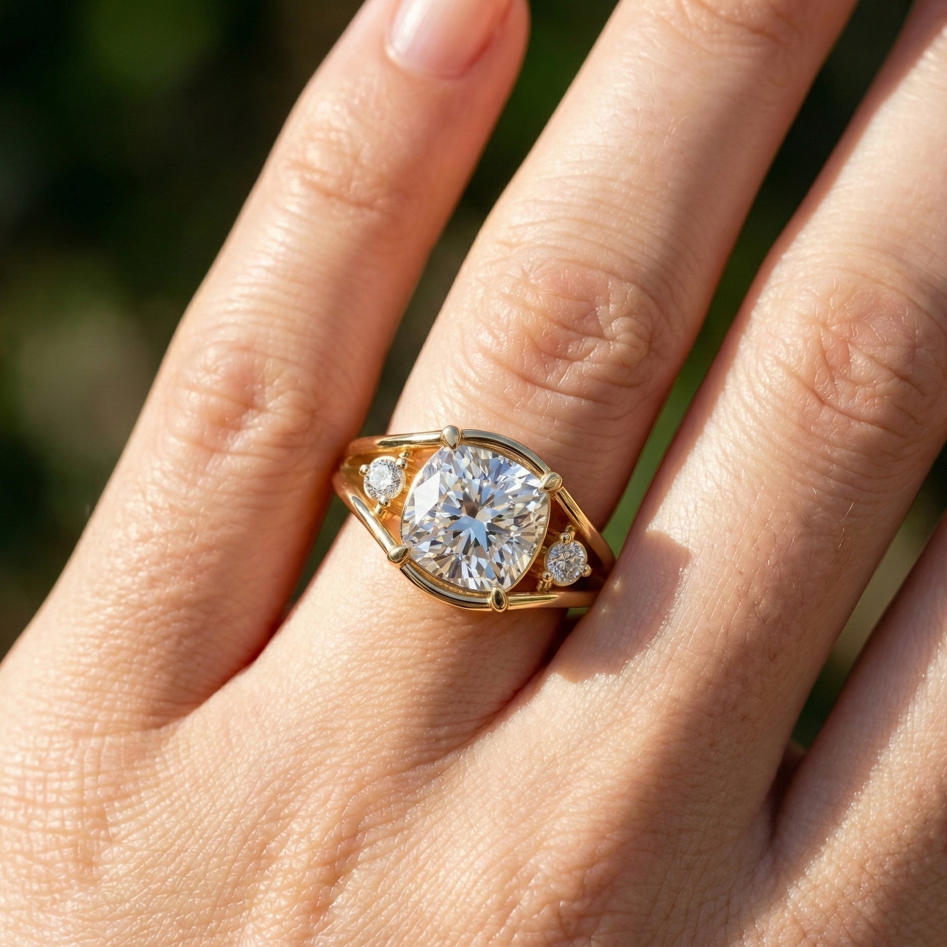 Modern Split Shank Three Stone Wedding Ring in Lab Grown Diamond – 14k Solid Gold, Luxurious GIft for Women, Everyday Jewelry