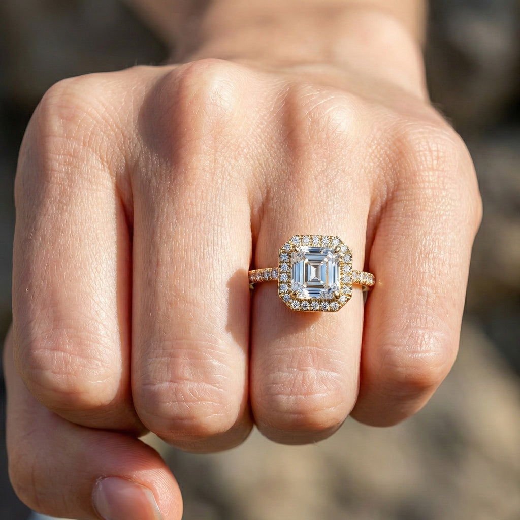 Square Halo Pave Engagement Ring in 14K Solid Gold, 1.00 CT Asscher Cut Lab Grown Diamond, Anniversary Gift For Her, Everyday Jewelry