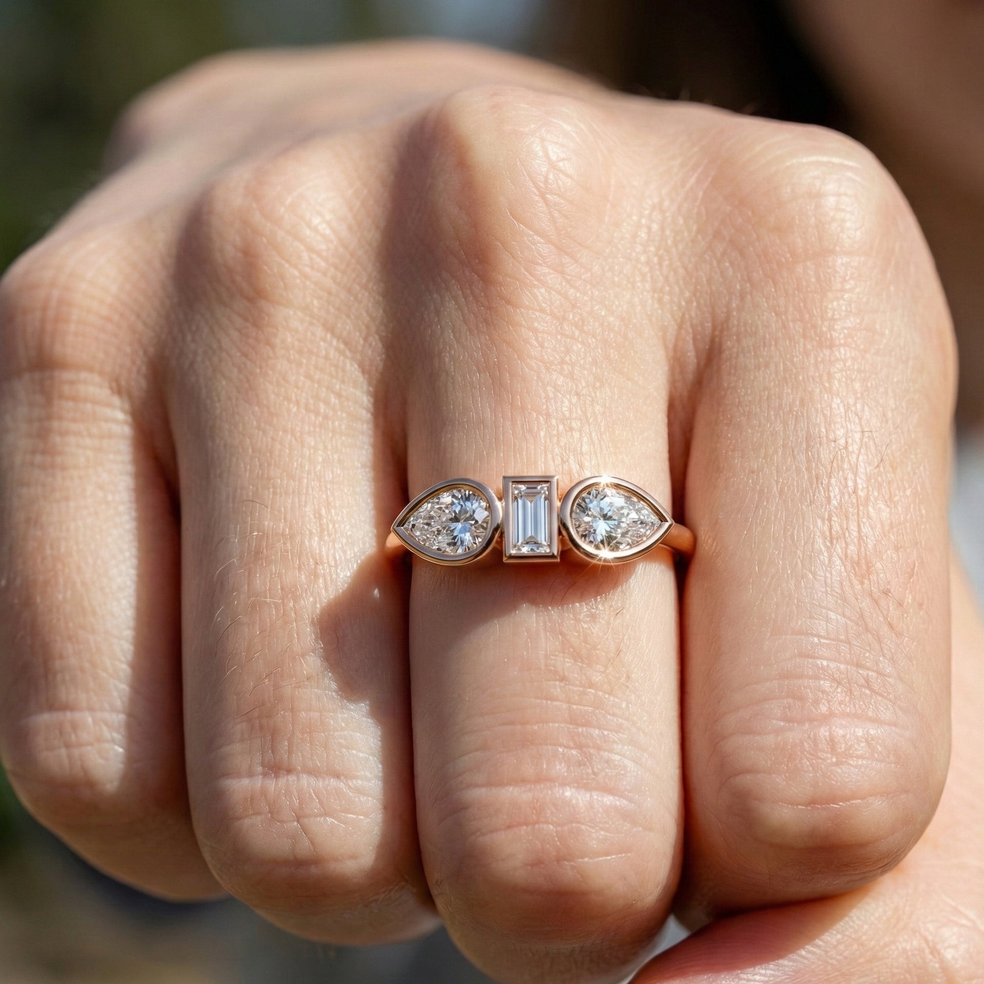 Unique Bezel Set Three Stone Engagement Ring in 14K Solid Gold, 0.36 TCW Pear/Baguette Cut Lab Created Diamonds, Birthday Gift for Her, Daily Wear Ring