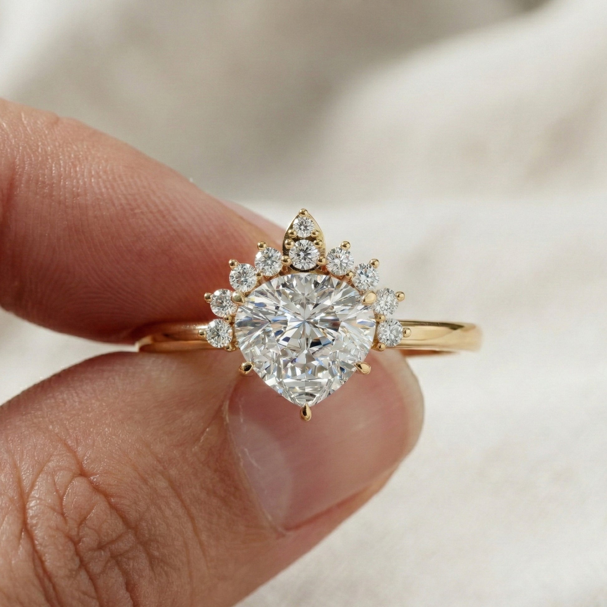 Crown Halo Pear Cut Cluster Engagement Ring in 18K Solid Gold, 0.95 TCW Lab Diamond Unique Wedding Bridal Jewelry, Anniversary Gift for Women