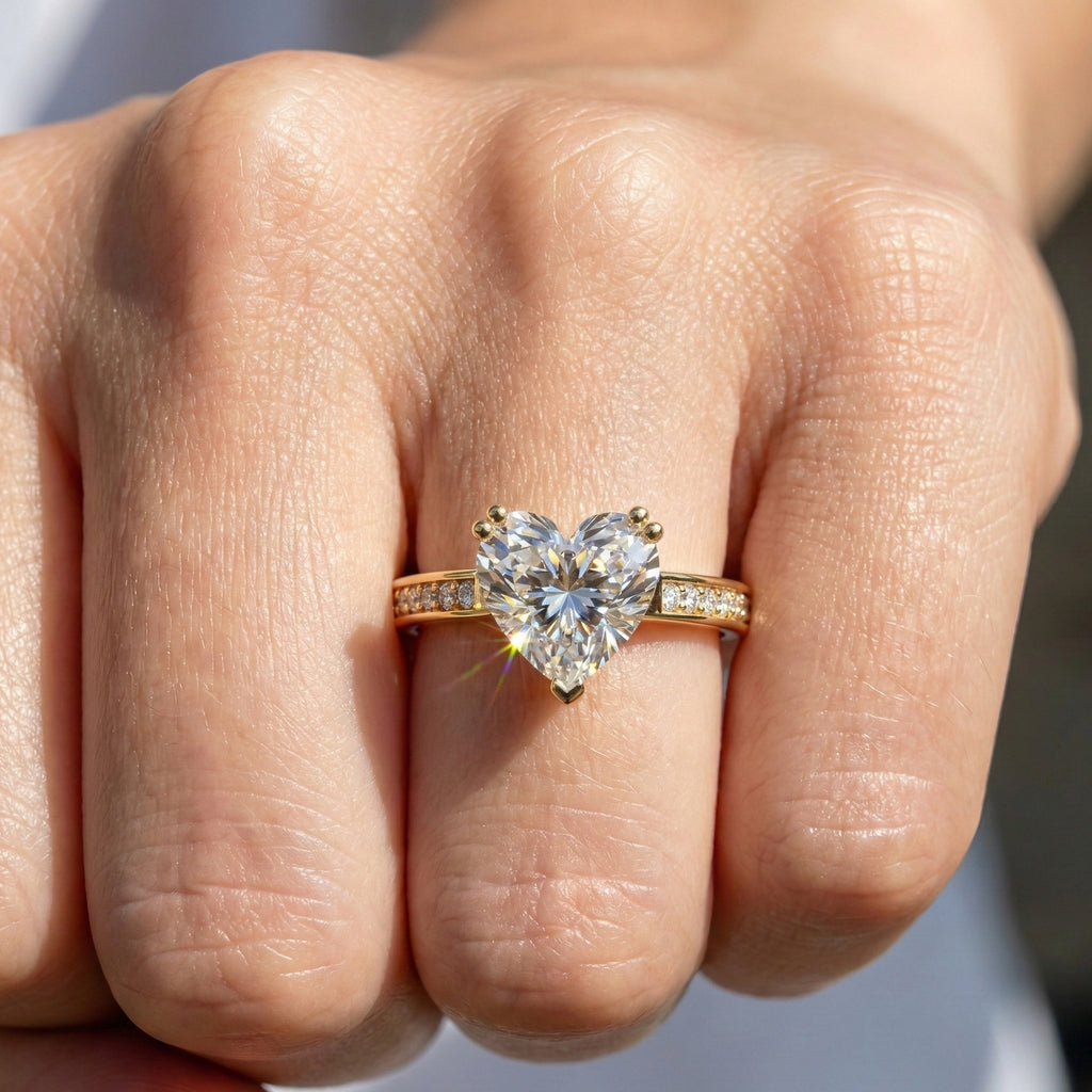 1.25 CT Heart Cut Solitaire Pave Engagement Ring in Lab Diamond – 14K Solid Gold, Anniversary Gift for Her, Handmade Jewelry