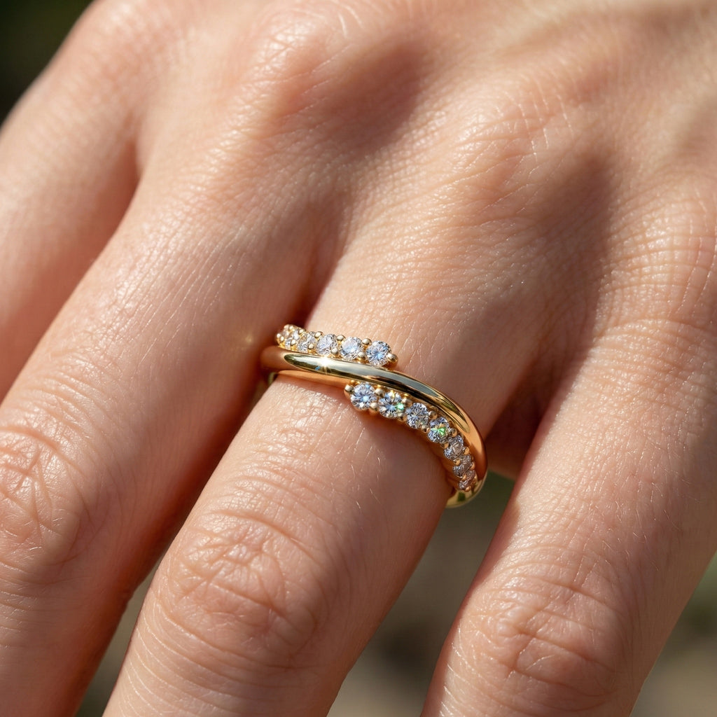 Curved Wave Crossover Wedding Band in Lab Diamond – 14k Rose Gold, Stacking Ring, Birthday Gift for Women
