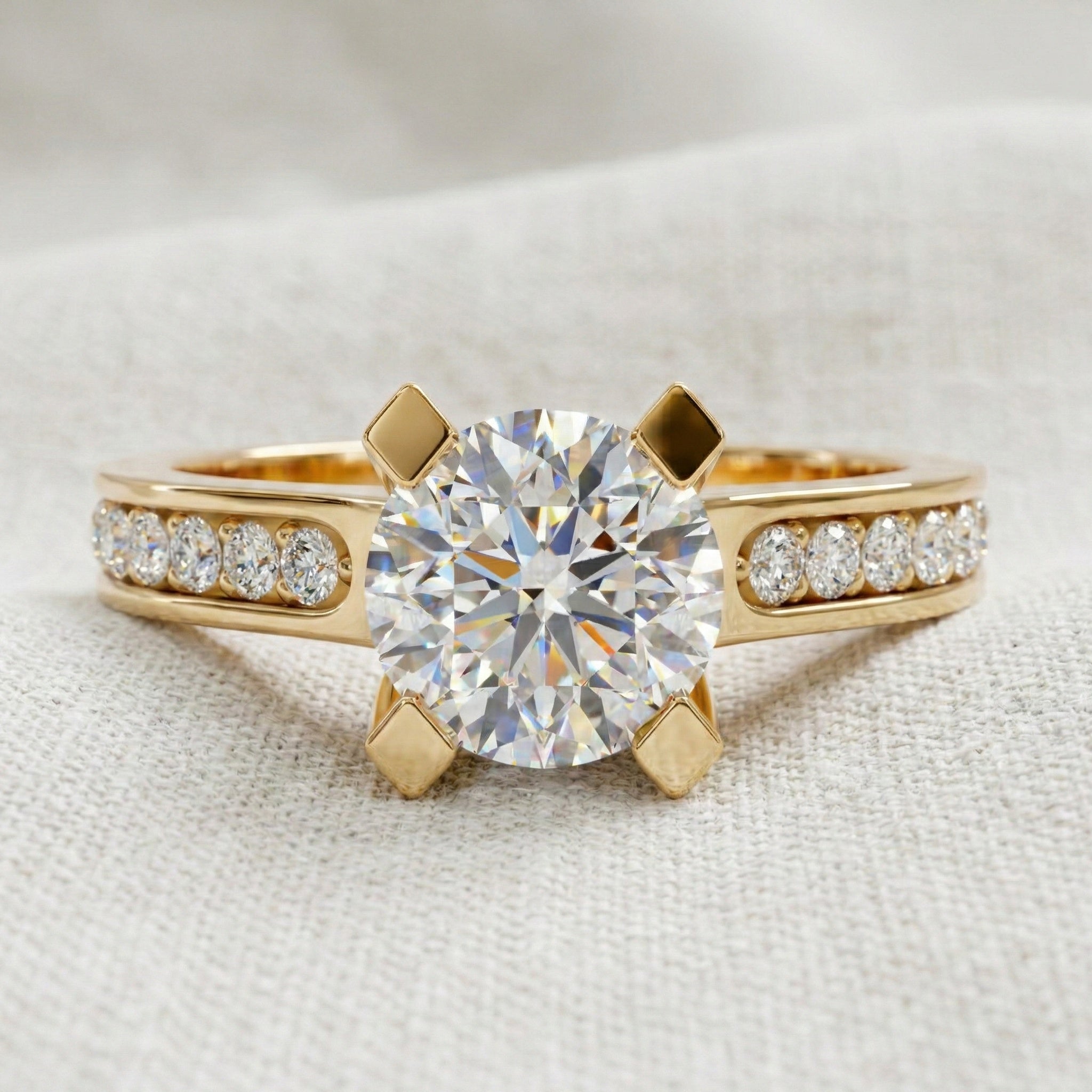 Modern Pavé Channel Set Engagement Ring in Solid 9k/14k Gold, 1.00 CT Round Cut Lab Diamond, Bridal Wedding Ring, Birthday Gift for Wife