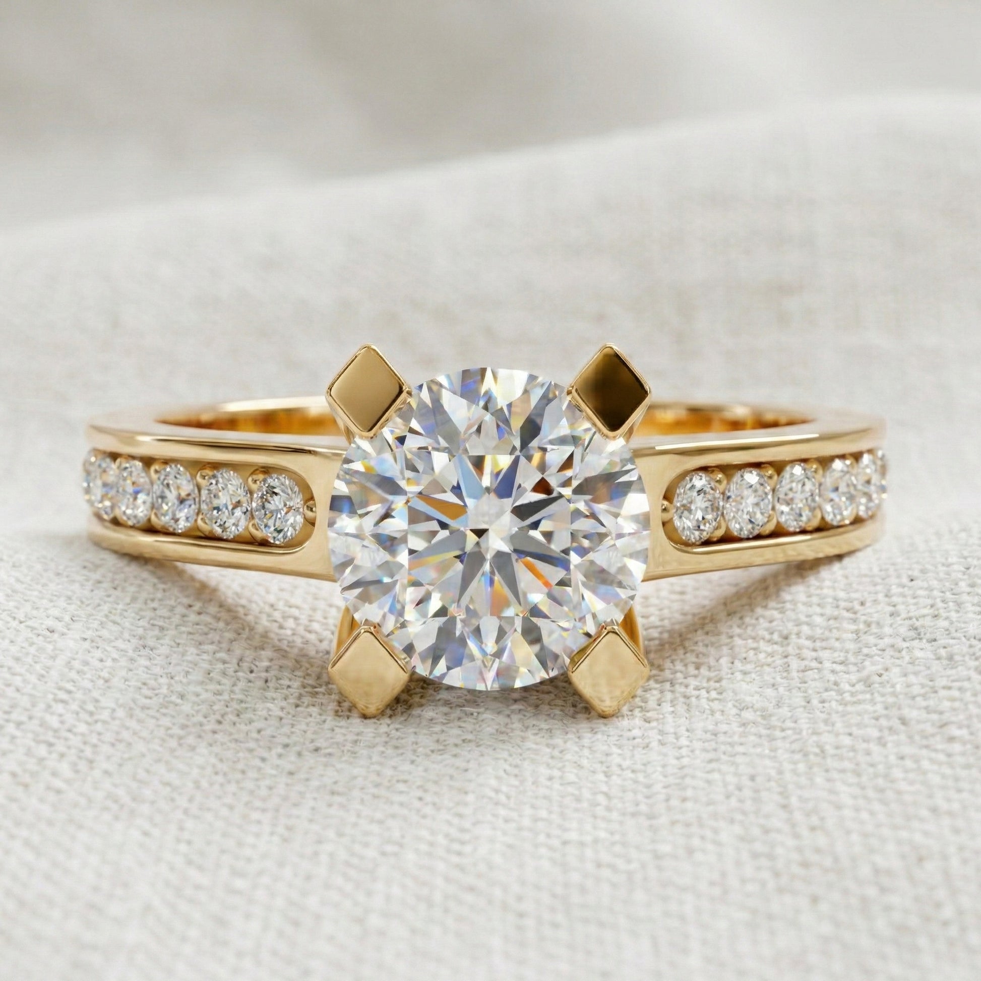 Modern Pavé Channel Set Engagement Ring in Solid 9k/14k Gold, 1.00 CT Round Cut Lab Diamond, Bridal Wedding Ring, Birthday Gift for Wife