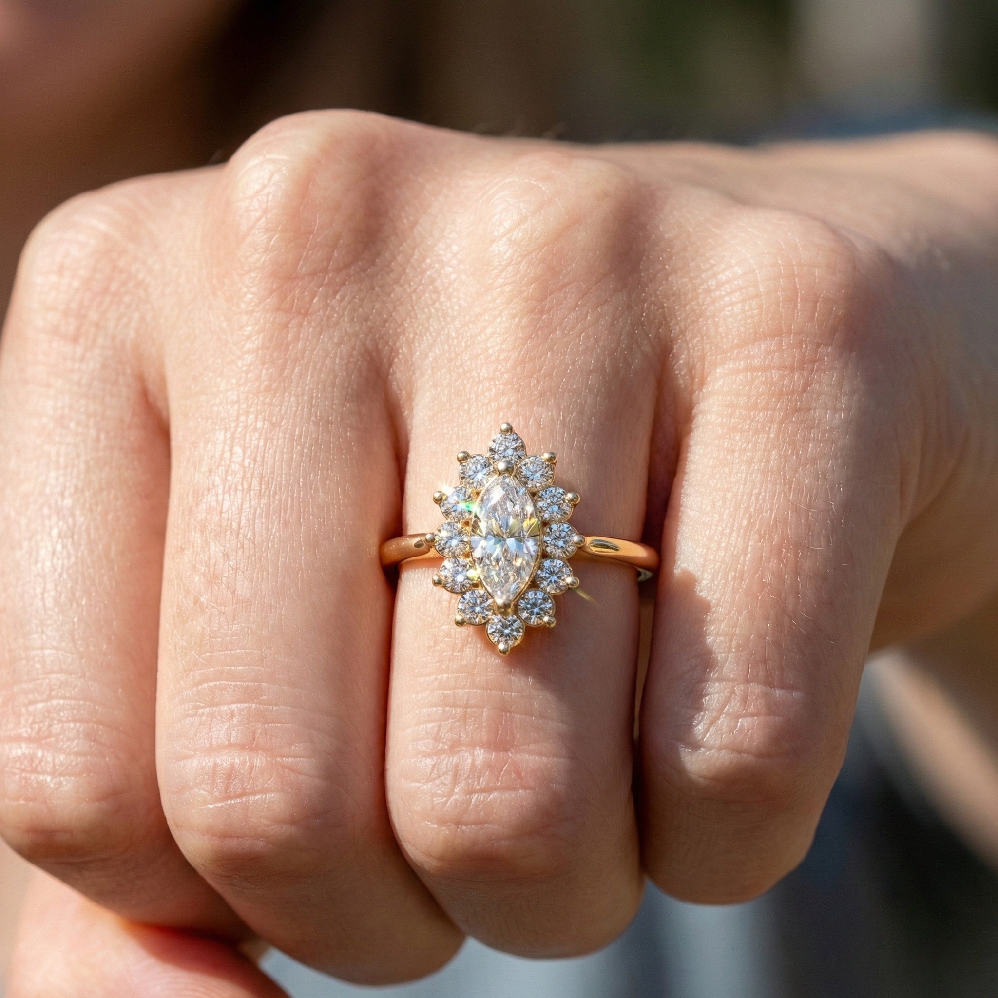 Marquise Floral Halo Cluster Engagement Ring in 14k Solid Gold, Unique Halo Wedding Band, Birthday Gift for Wife, Handmade Jewelry
