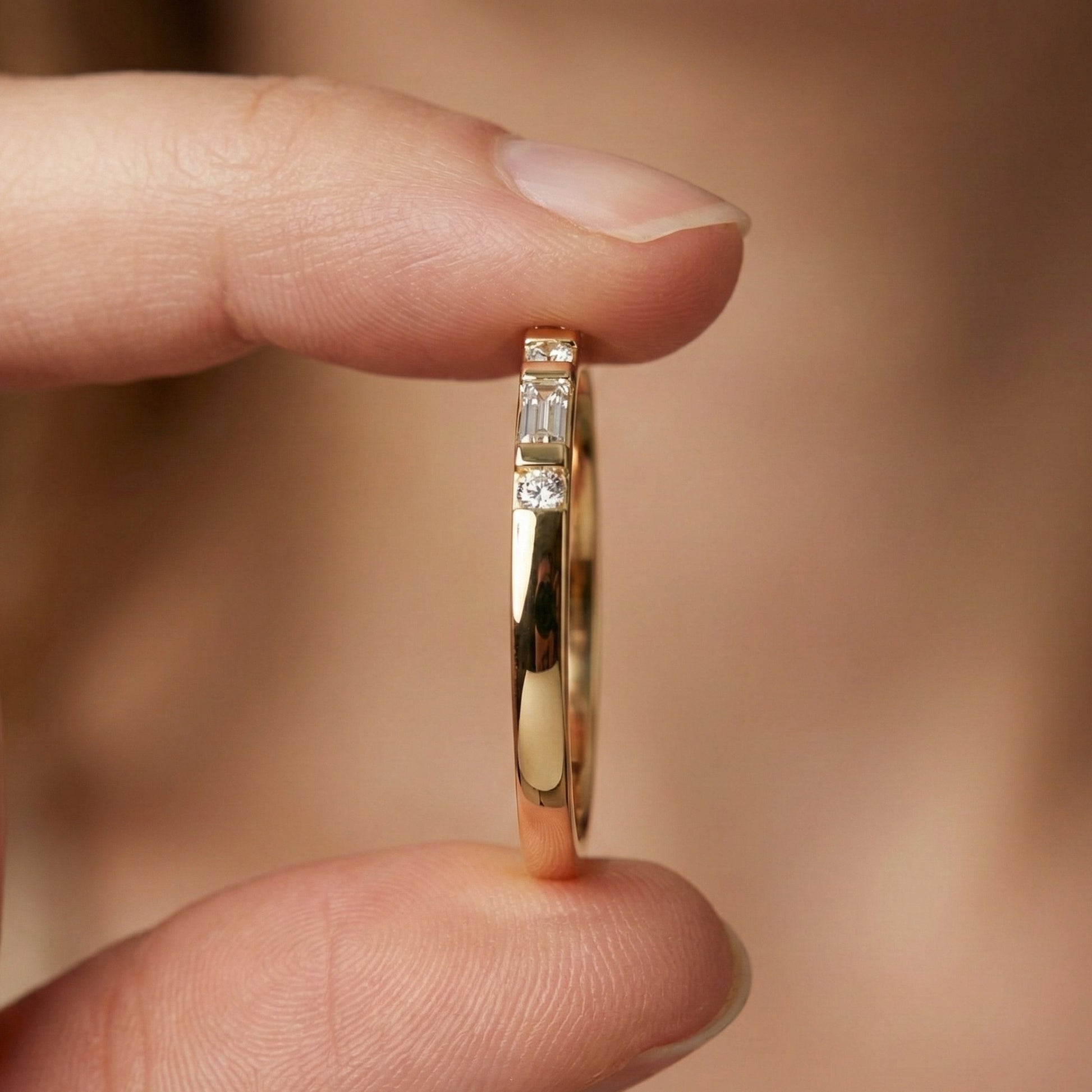 Half Eternity Bar Set Wedding Band in 14K Solid Gold, 0.23 TCW Baguette/Round Cut Lab Diamonds, Handmade Bridal Jewelry, Birthday Gift for Her