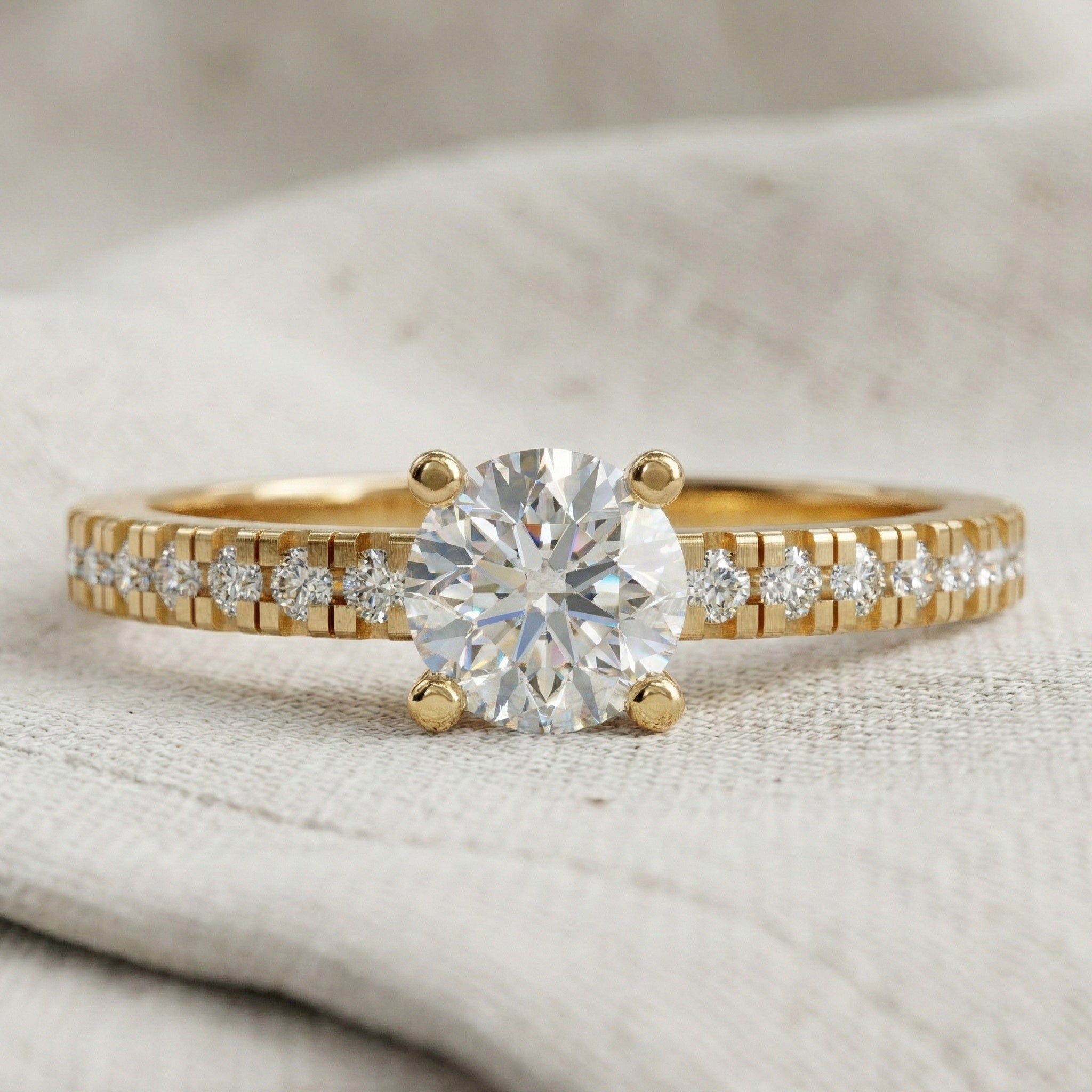 Classic Pavé Solitaire Engagement in 14K Solid Gold, 0.35 CT Round Cut Lab Created Diamond, Handmade Bridal Jewelry, Engagement Gift for Her