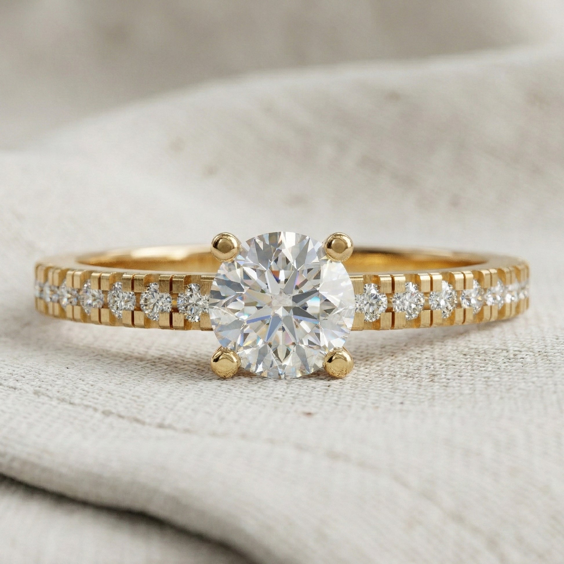 Classic Pavé Solitaire Engagement in 14K Solid Gold, 0.35 CT Round Cut Lab Created Diamond, Handmade Bridal Jewelry, Engagement Gift for Her