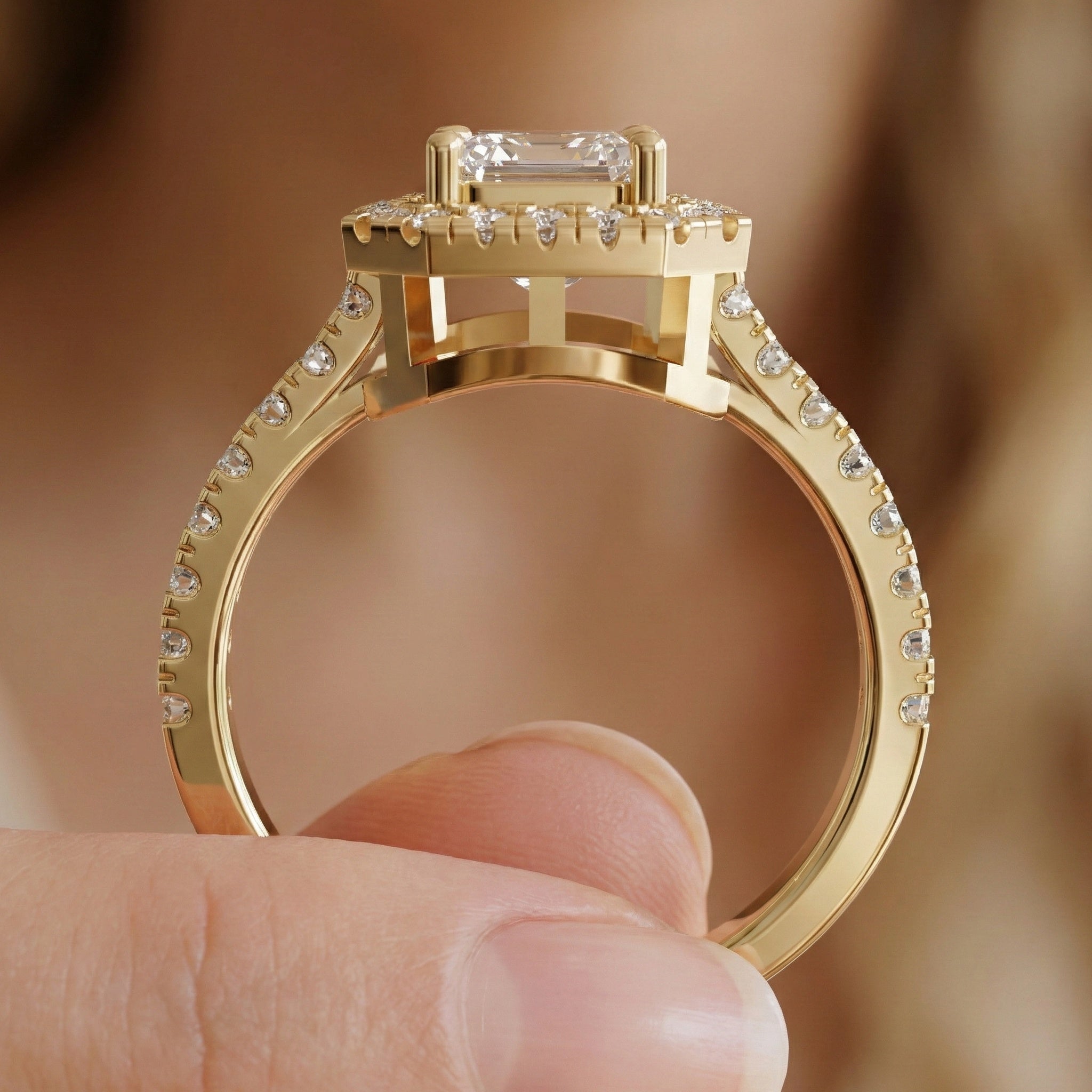 Unique Statement Halo Engagement Ring in 14K Solid Gold, 1.00 CT Emerald Cut Lab Created Diamond, Anniversary Gift For Wife, Handmade Jewelry