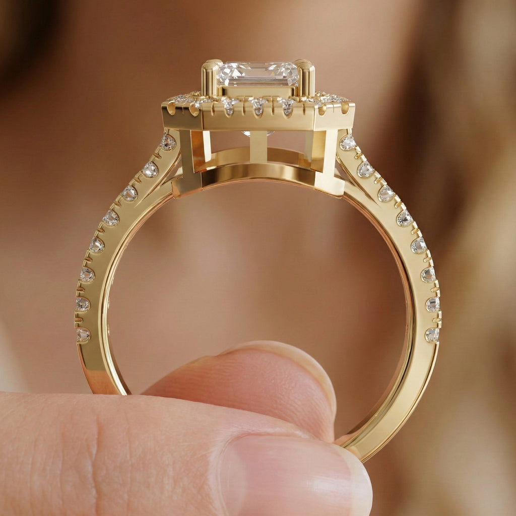 Unique Statement Halo Engagement Ring in 14K Solid Gold, 1.00 CT Emerald Cut Lab Created Diamond, Anniversary Gift For Wife, Handmade Jewelry