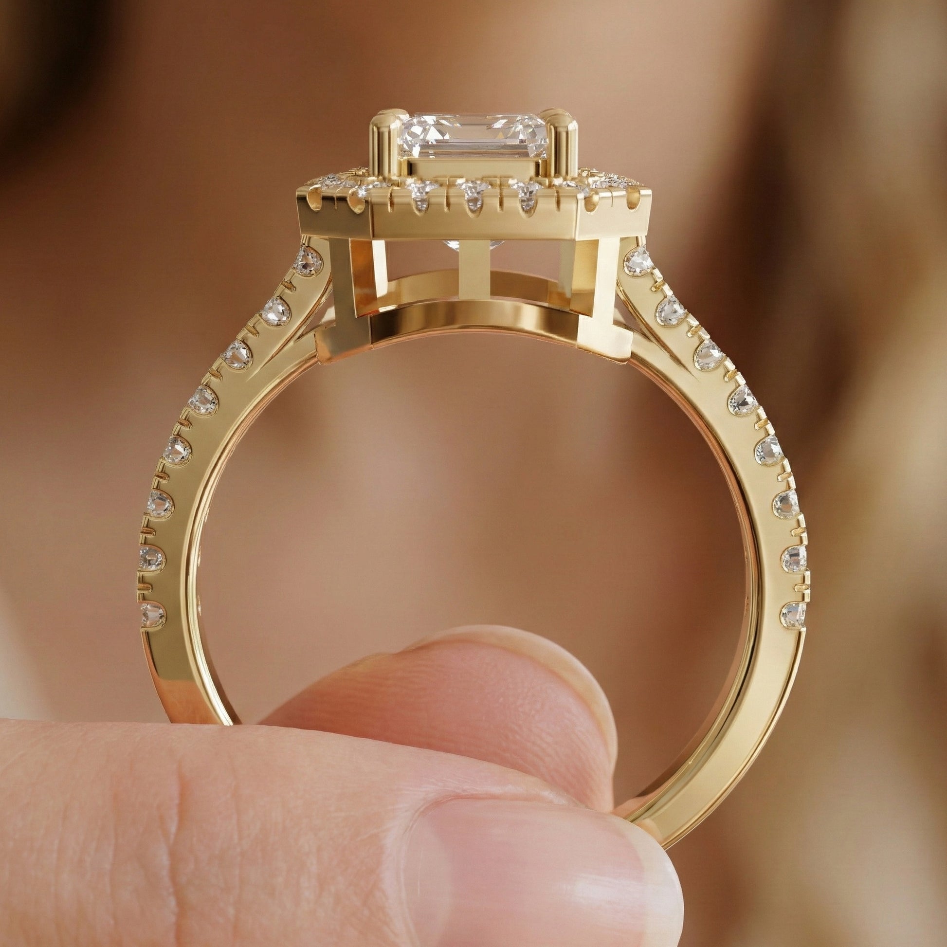 Unique Statement Halo Engagement Ring in 14K Solid Gold, 1.00 CT Emerald Cut Lab Created Diamond, Anniversary Gift For Wife, Handmade Jewelry