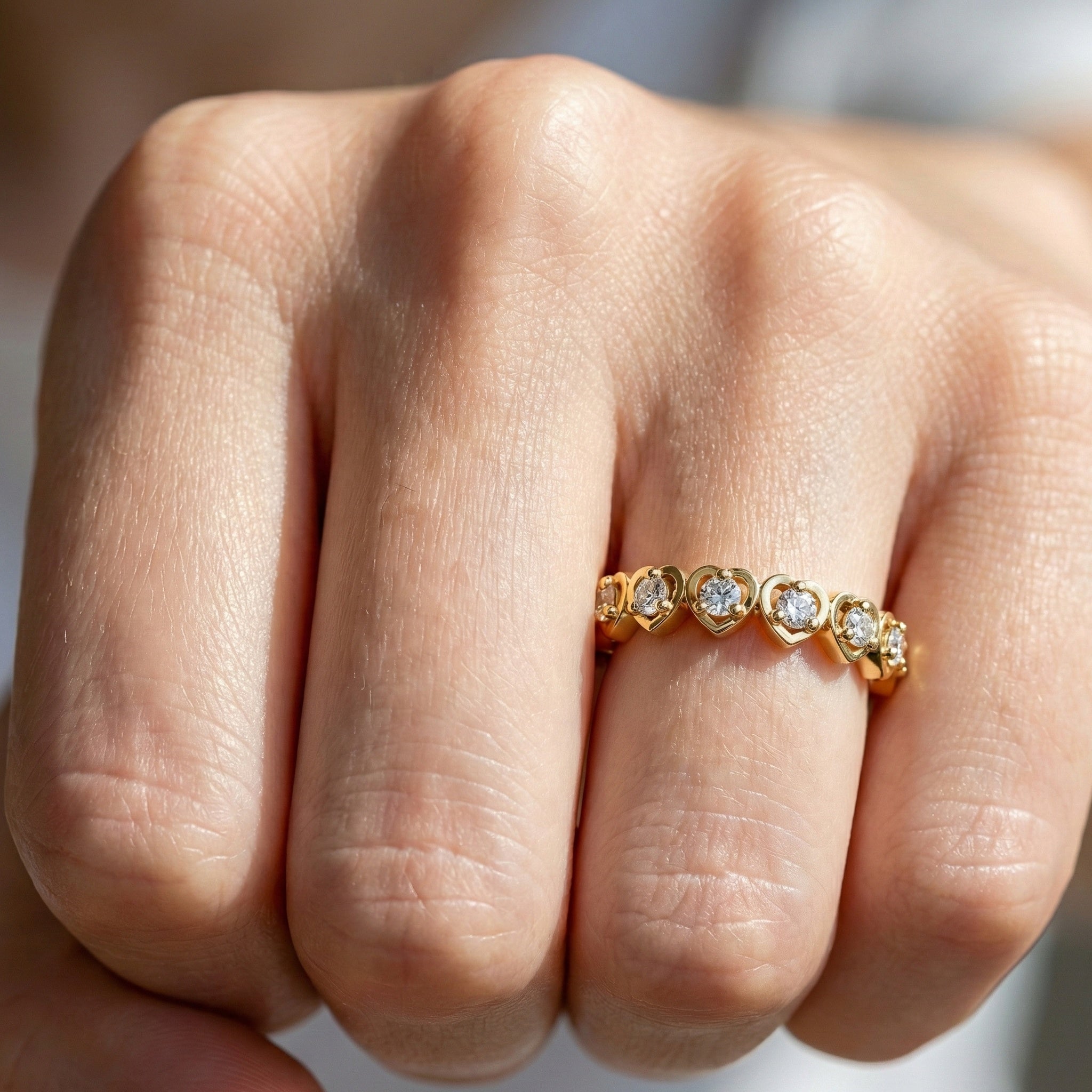 Heart Patterned Slim Stacker Wedding Ring in 14K Solid Gold, 0.07 TCW Round Cut Lab Created Diamonds, Everyday Ring, Birthday Gift For Her