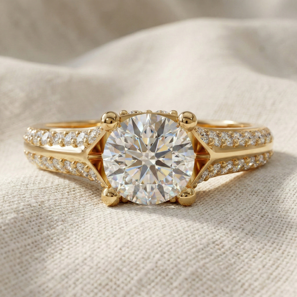 Double Raw Pavé Solitaire Engagement Ring in 14K Solid Gold, 0.82 TCW Round Cut Lab Diamonds, Romantic Gift for Wife, Everyday Jewelry