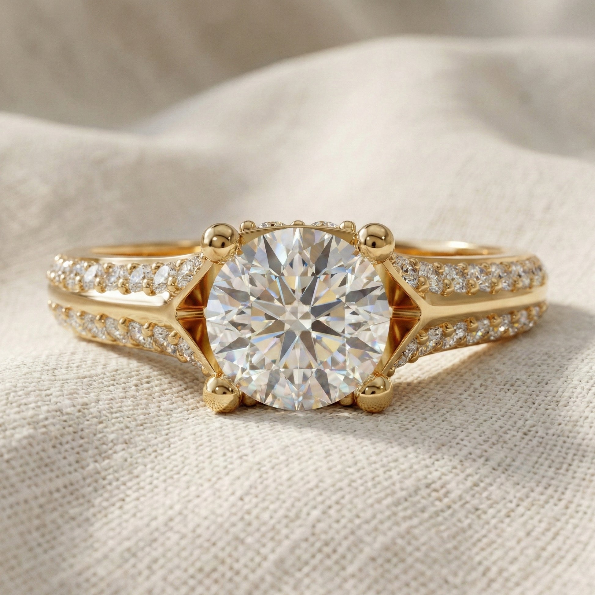 Double Raw Pavé Solitaire Engagement Ring in 14K Solid Gold, 0.82 TCW Round Cut Lab Diamonds, Romantic Gift for Wife, Everyday Jewelry