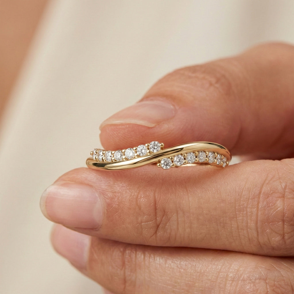 Curved Wave Crossover Wedding Band in Lab Diamond – 14k Rose Gold, Stacking Ring, Birthday Gift for Women