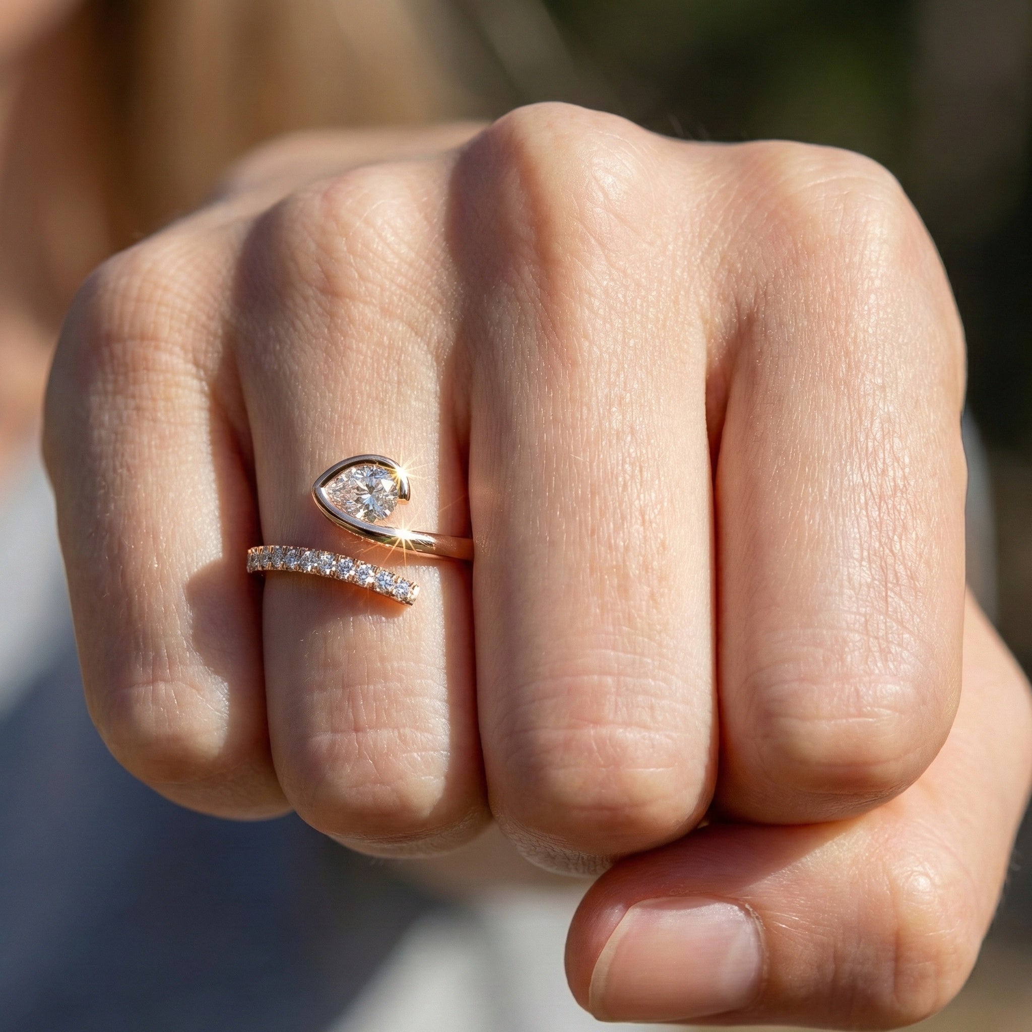 Modern Open Wrap Pear Solitaire Engagement Ring in Lab Diamond – 14k Solid Gold, Wedding Gift for Her, Handmade Bridal Jewelry