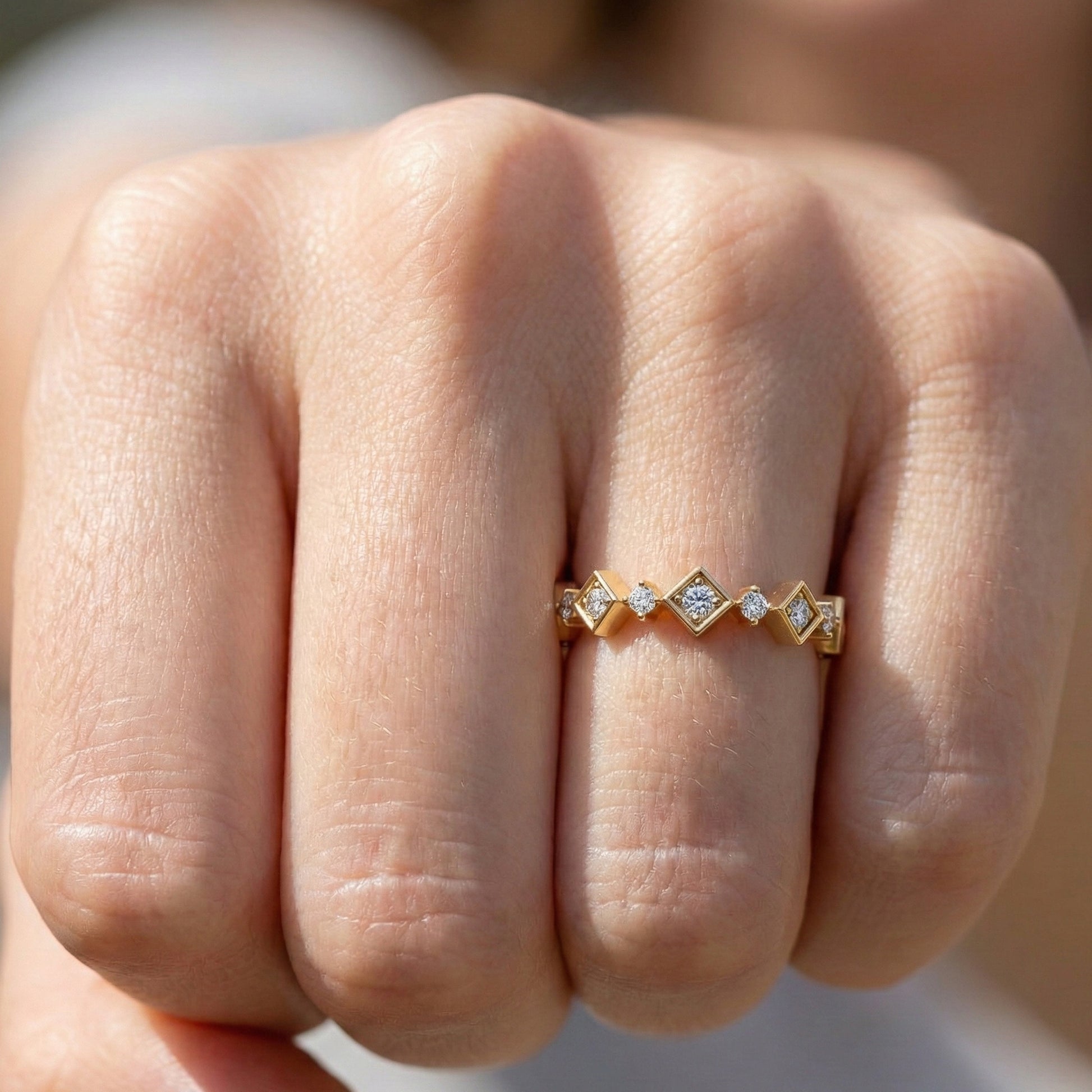 Art Deco Inspired Geometric Diamond Wedding Band in Lab Diamond-14k Solid Gold, Unique Band For Her,