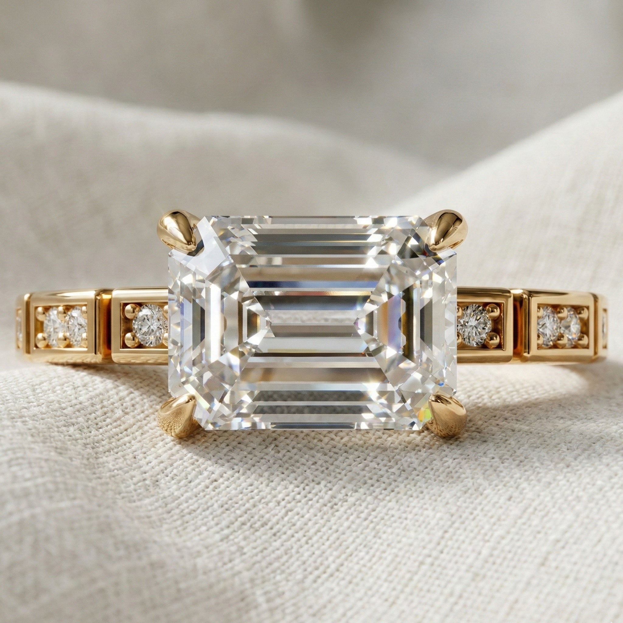 Emerald Cut Segmented Pavé Engagement Ring in 14K Solid Gold, 1.75 CT Emerald Cut Lab Created Diamond, Bridal Jewelry, Birthday Gift For Her