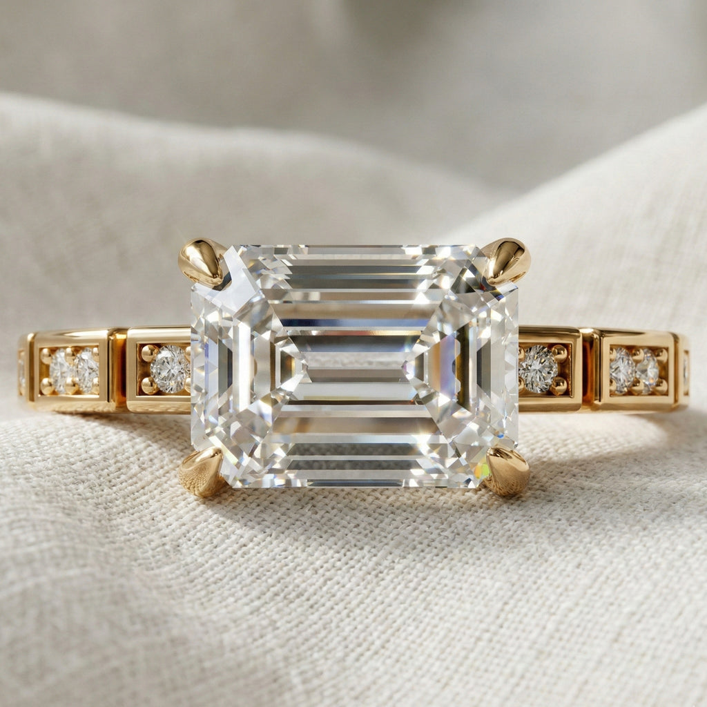 Emerald Cut Segmented Pavé Engagement Ring in 14K Solid Gold, 1.75 CT Emerald Cut Lab Created Diamond, Bridal Jewelry, Birthday Gift For Her