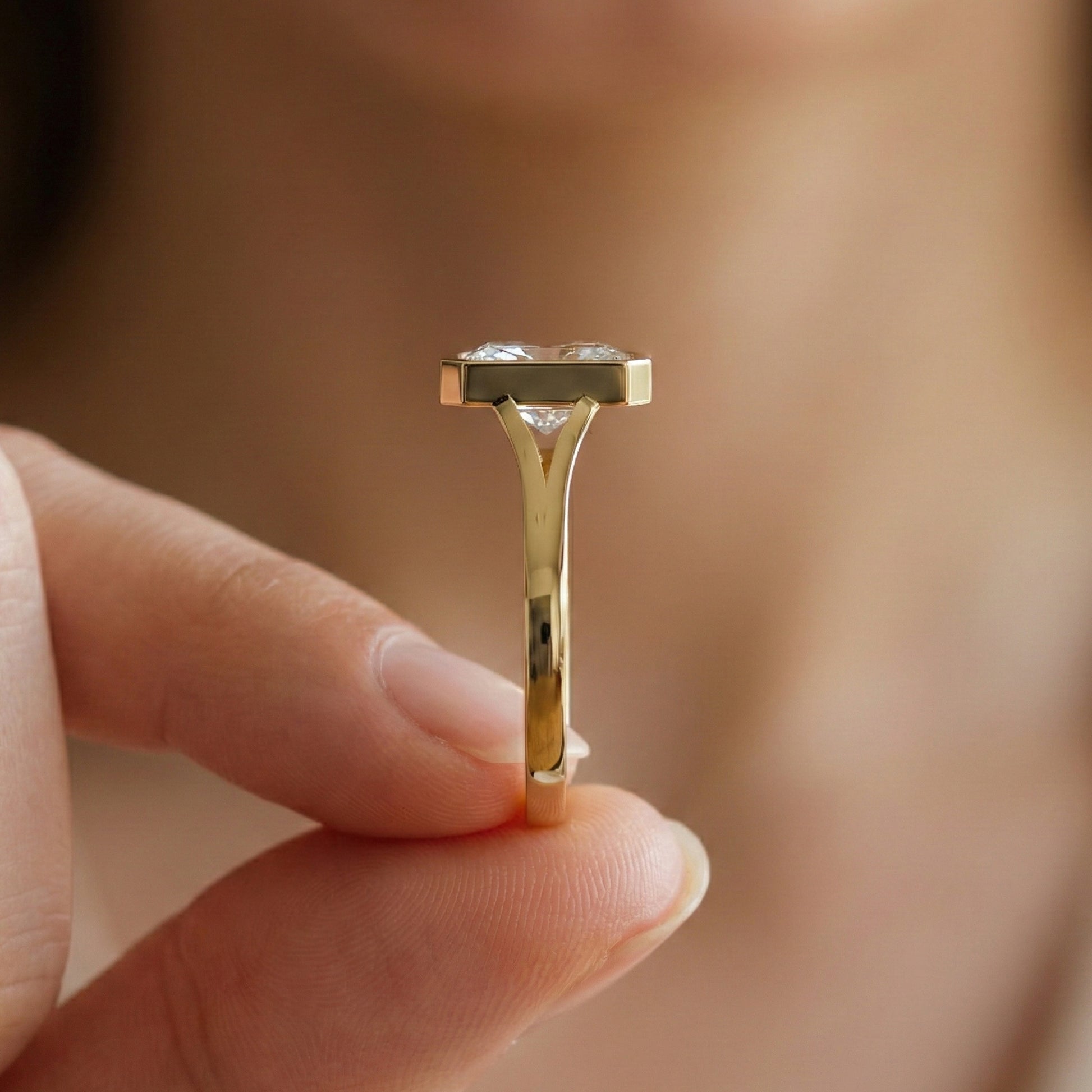 Modern Bezel Set Rectangle Solitaire Engagement Ring in 18K Solid Gold, 2.00 CT Radiant Cut Lab Created Diamond, Anniversary Gift for Her, Handmade Bridal Jewelry