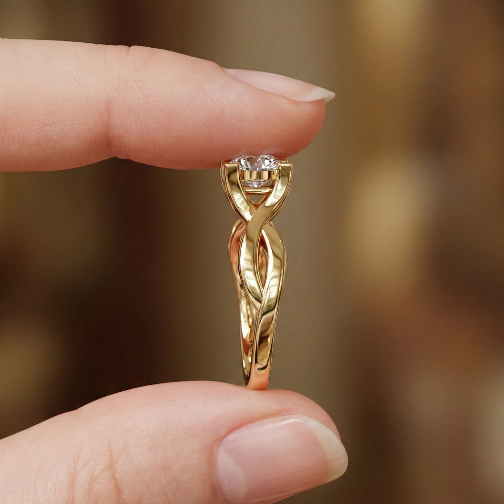Infinity Twist Cathedral Solitaire Engagement Ring in 14k Solid Gold, 0.50 CT Round Cut Lab Diamond, Handmade Bridal Jewelry