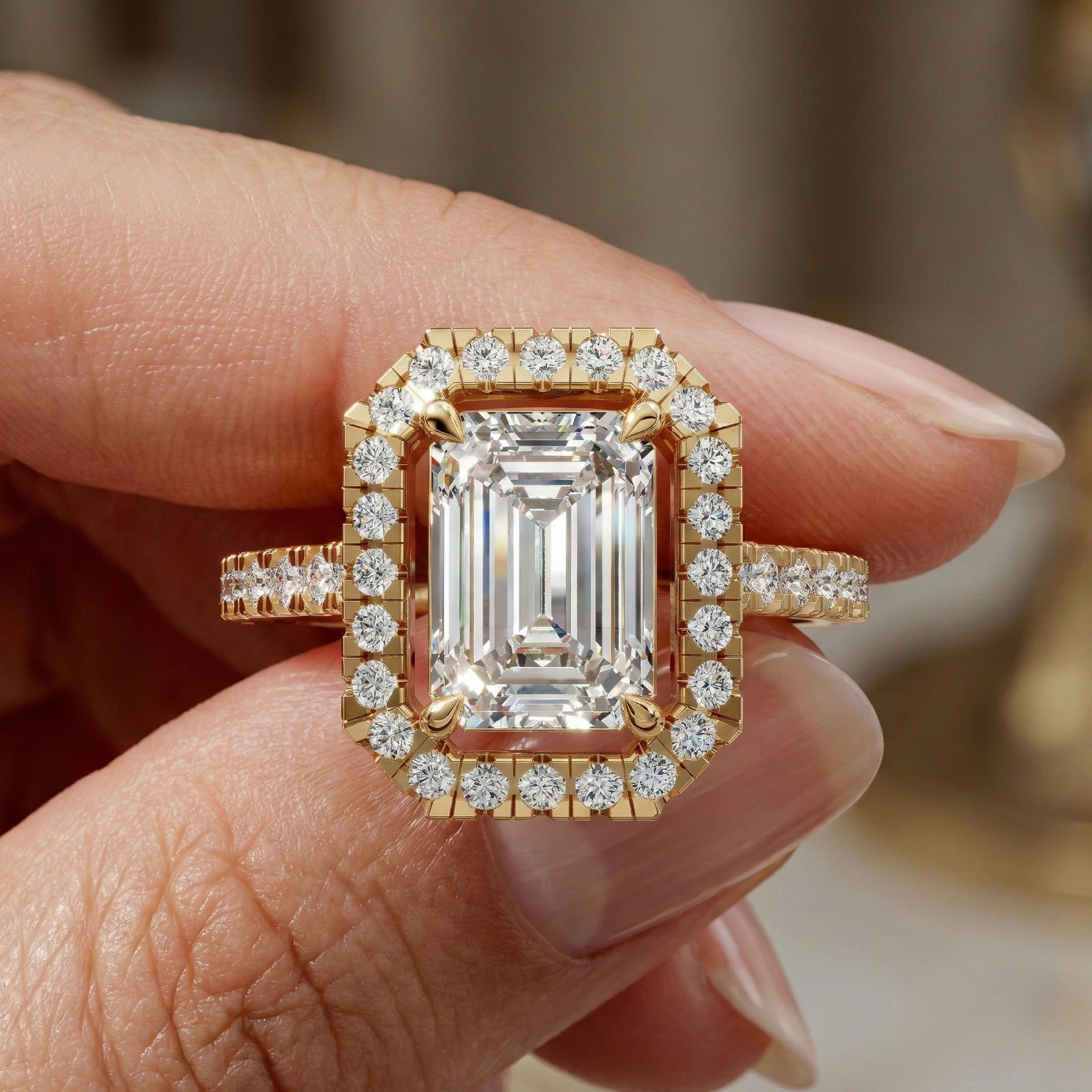 Unique Statement Halo Engagement Ring in 14K Solid Gold, 1.00 CT Emerald Cut Lab Created Diamond, Anniversary Gift For Wife, Handmade Jewelry