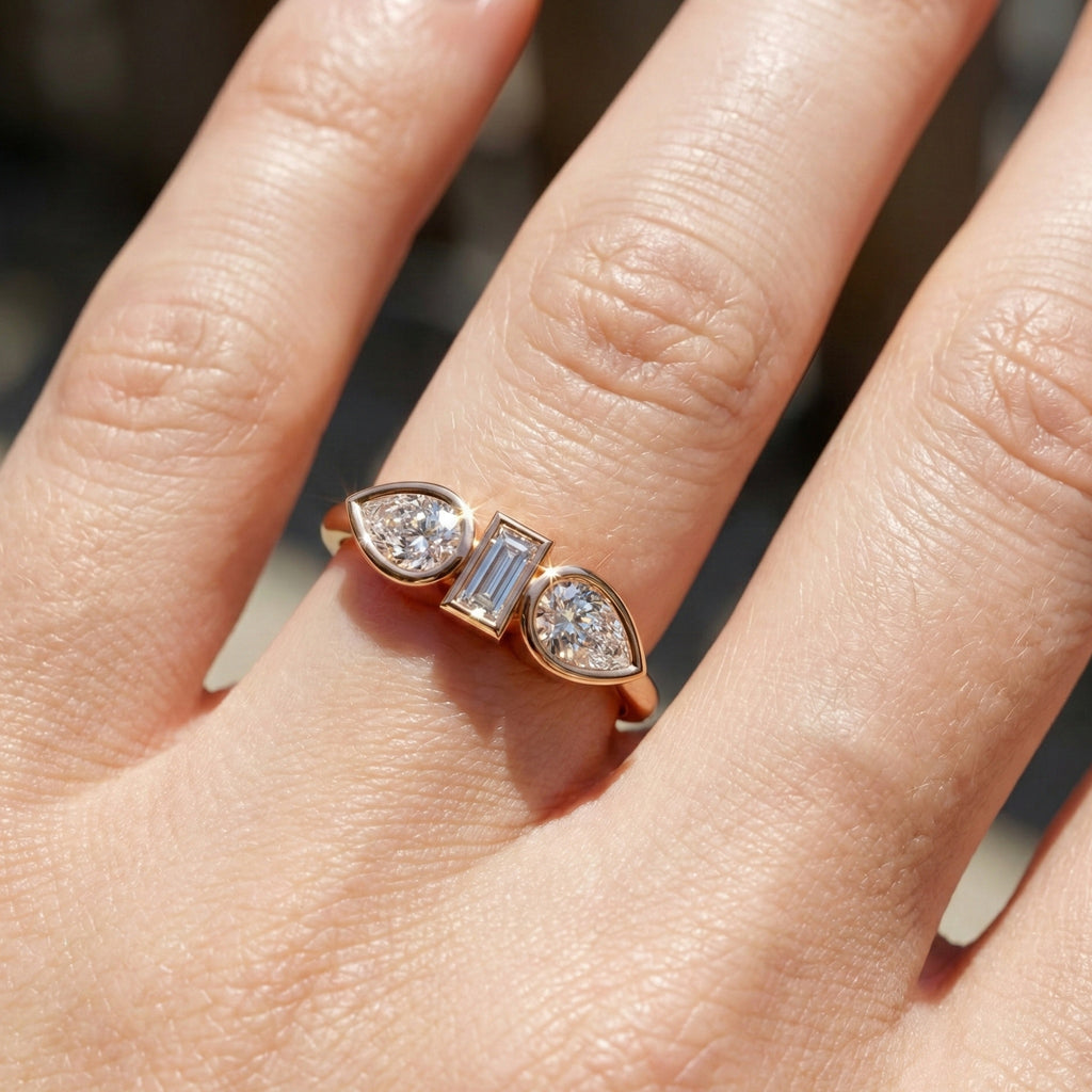 Unique Bezel Set Three Stone Engagement Ring in 14K Solid Gold, 0.36 TCW Pear/Baguette Cut Lab Created Diamonds, Birthday Gift for Her, Daily Wear Ring