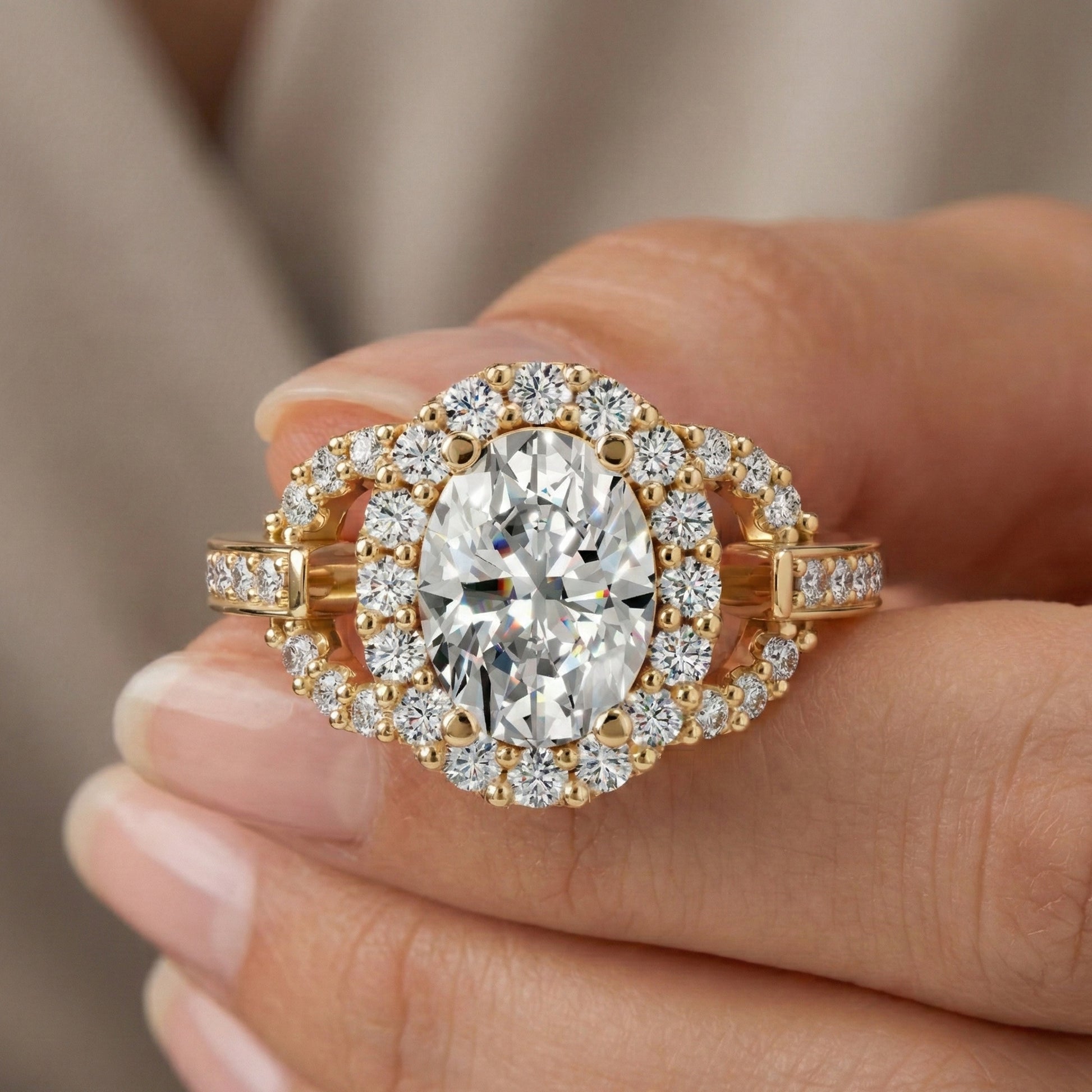 Elegant Oval Double Halo Pave Engagement Ring in 14k Solid Gold, 1.25 CT Oval Cut Lab Created Diamonds, Anniversary Gift