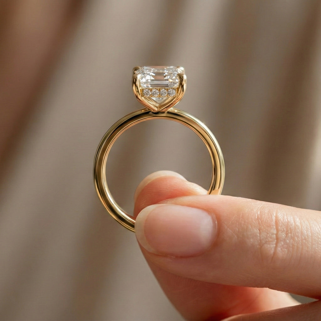 Timeless Four Prong Hidden Halo Engagement Ring in 14K Solid Gold, 3.20 CT Emerald Cut Lab Created Diamond, Bridal Jewelry, Gift For Her