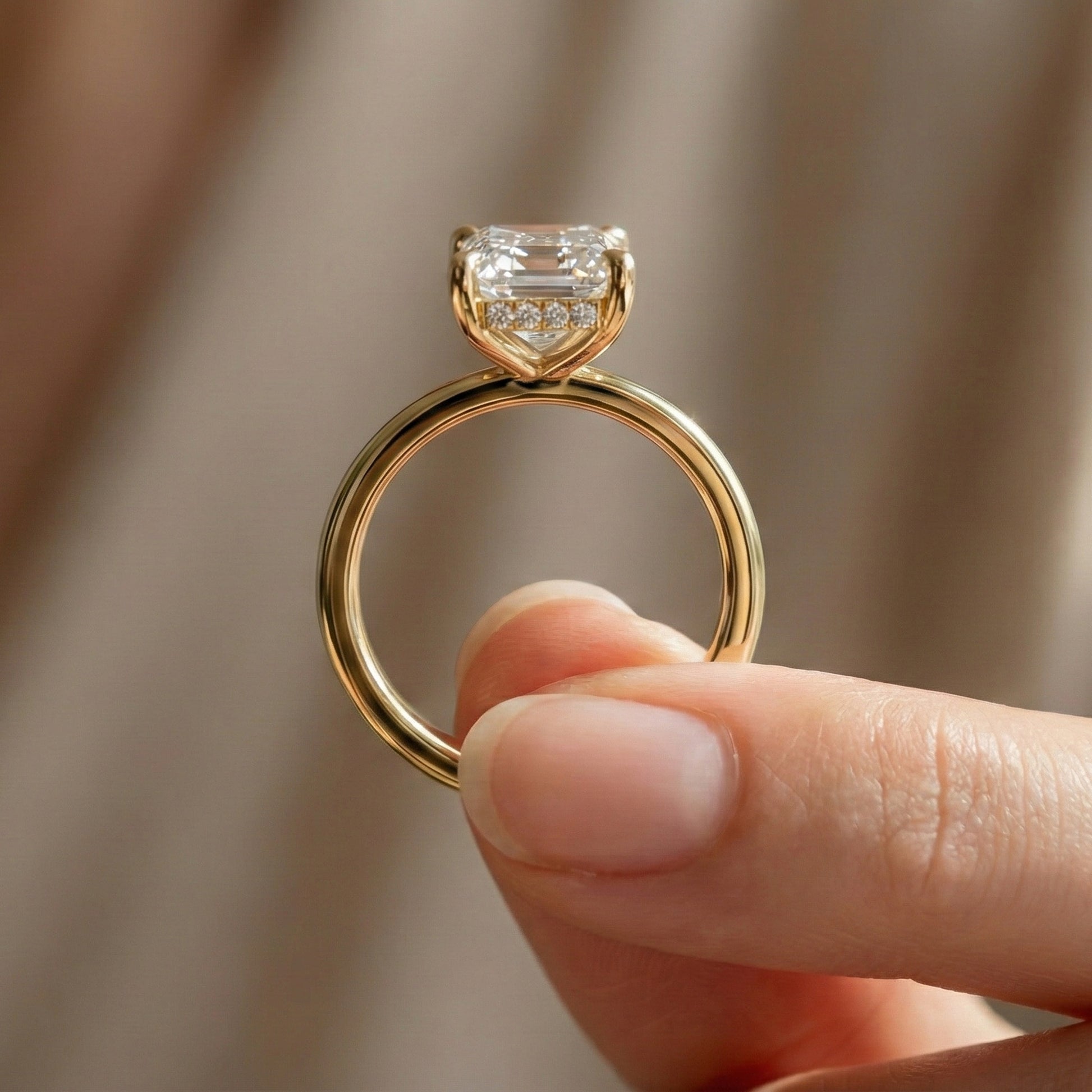 Timeless Four Prong Hidden Halo Engagement Ring in 14K Solid Gold, 3.20 CT Emerald Cut Lab Created Diamond, Bridal Jewelry, Gift For Her