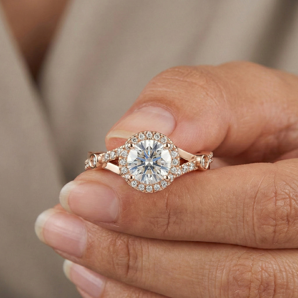 Round Halo Split Shank Engagement Ring in 14K Solid Gold, 0.70 CT Round Cut Lab Created Diamond, Proposal Ring, Gift for Her