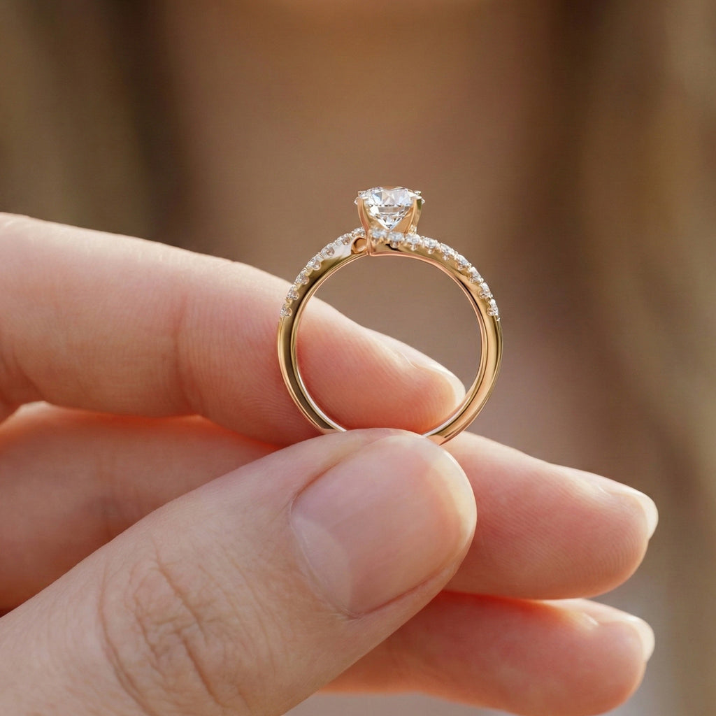 Elegant Bypass Pave Solitaire Engagement Ring in 14K Solid Gold, 0.50 CT Round Cut Lab Grown Diamond, Handmade Jewelry, Gift for Her