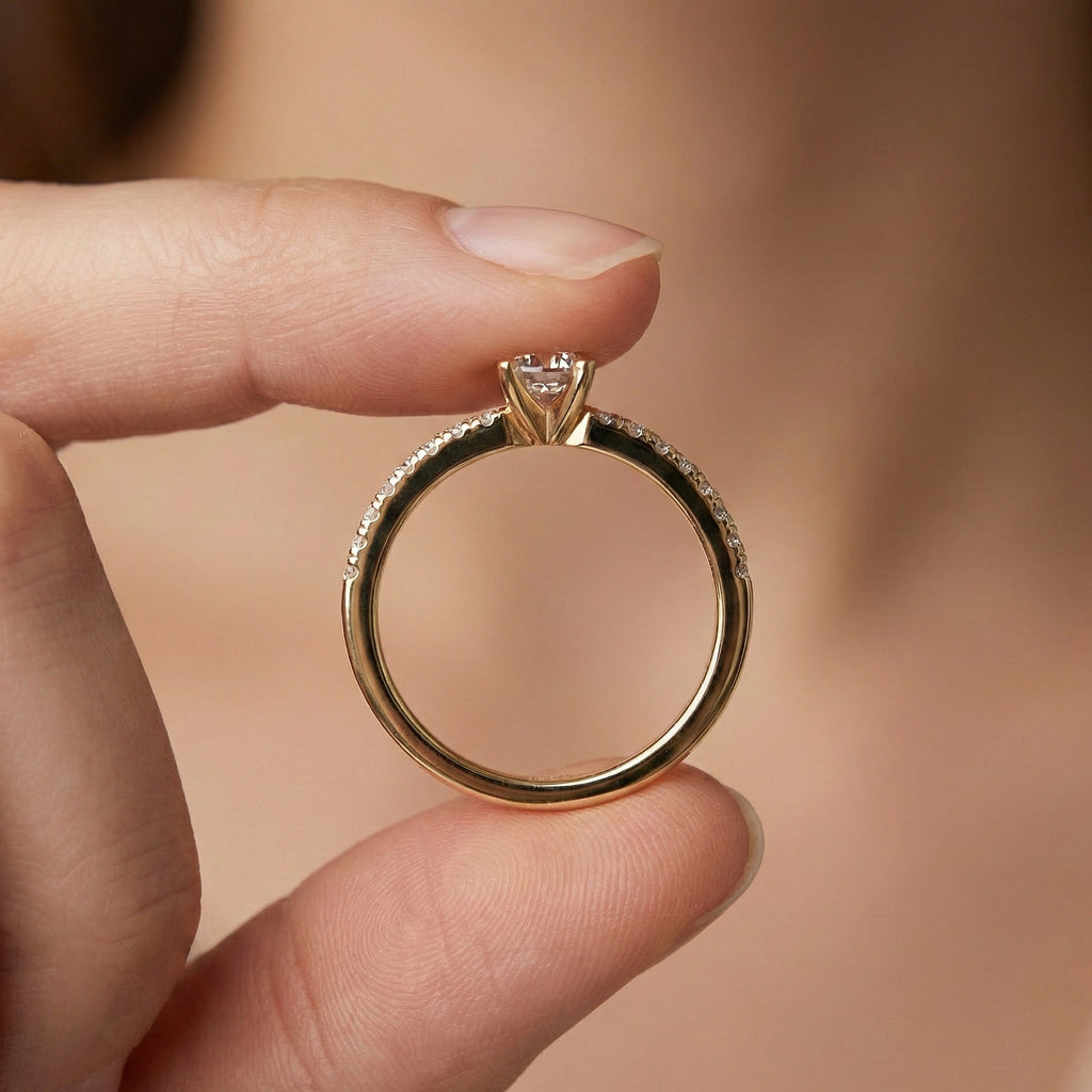 Classic Pavé Solitaire Engagement in 14K Solid Gold, 0.35 CT Round Cut Lab Created Diamond, Handmade Bridal Jewelry, Engagement Gift for Her