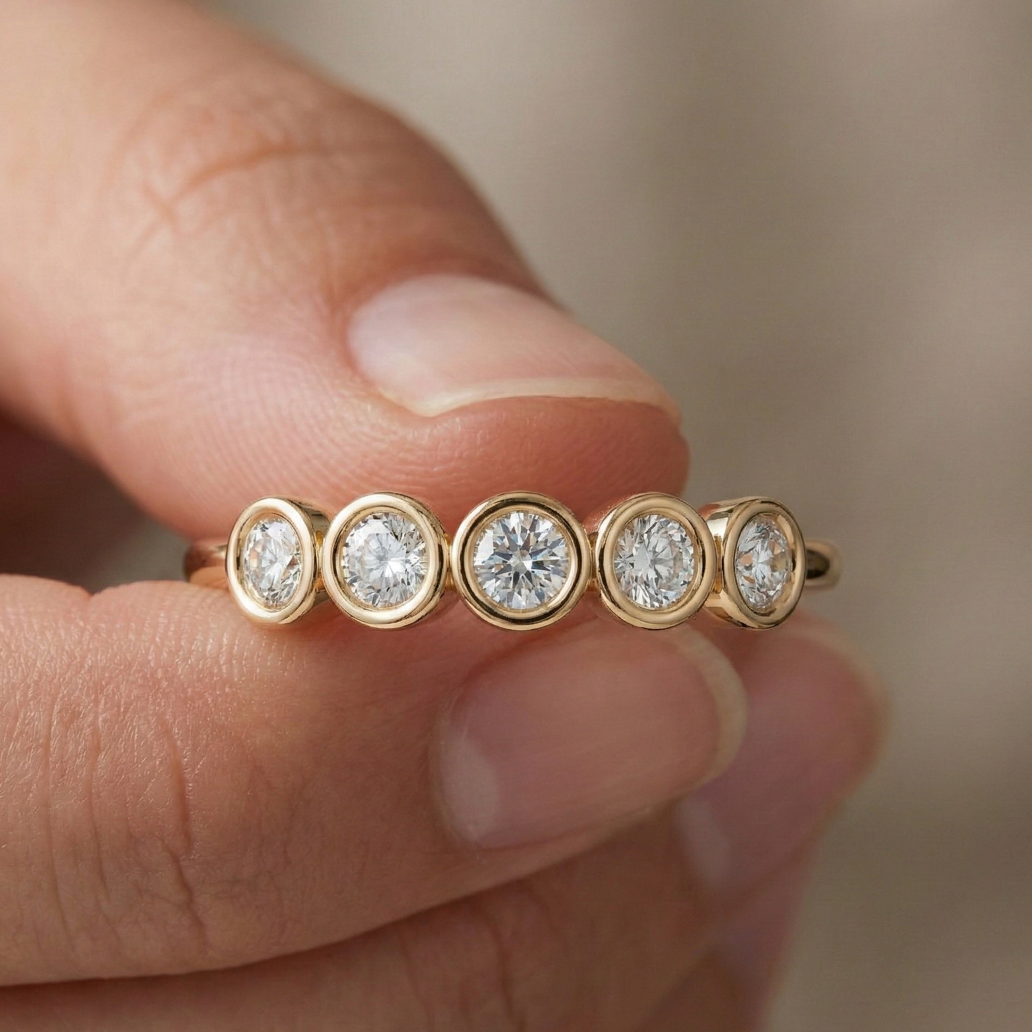 Modern Bezel Five Stone Stacker Ring in 14K Solid Gold, 0.18 TCW Round Cut Lab Diamonds, Promise Ring, Wedding Band Gift for Her, Bridal Jewelry