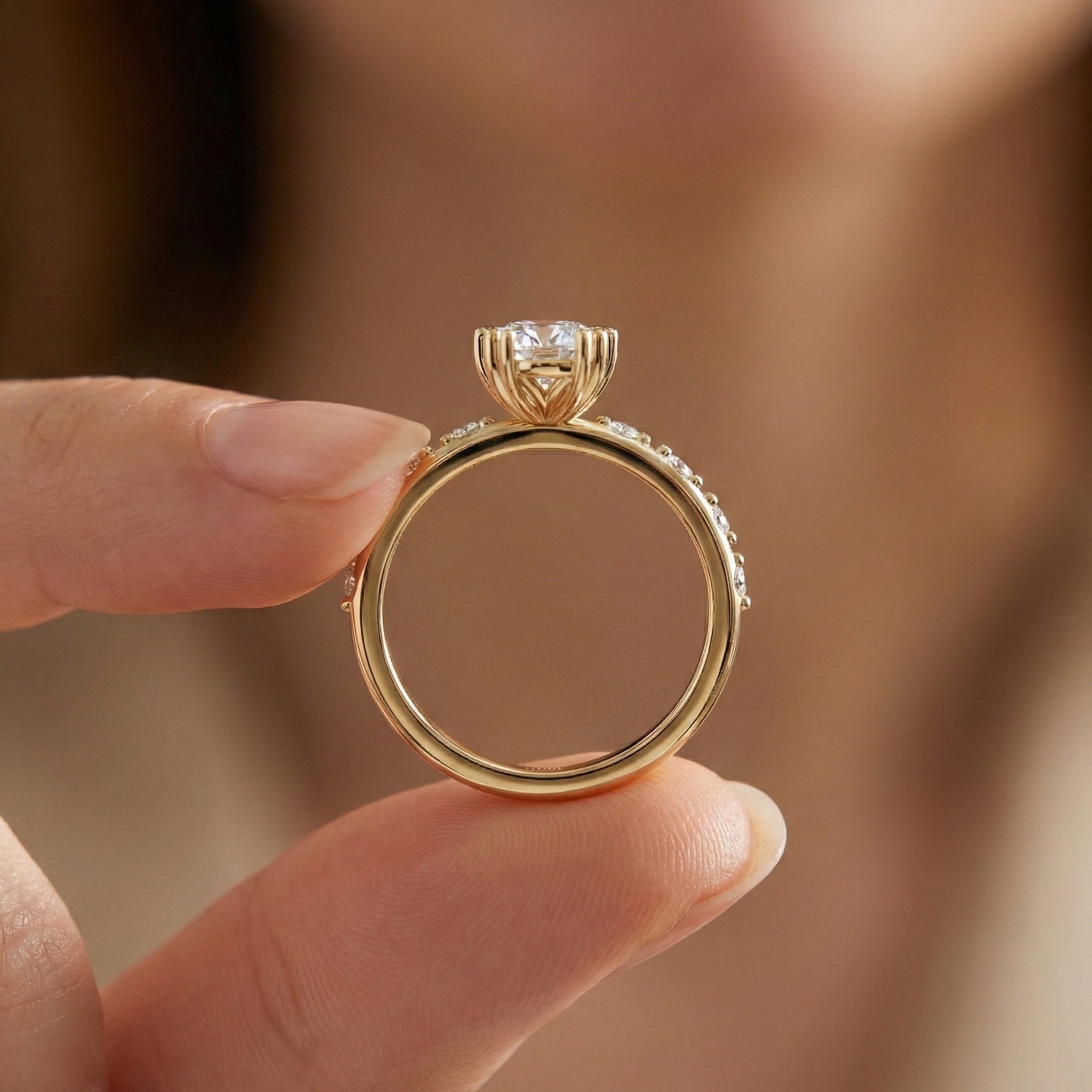 Modern Solitaire Pavé Engagement Ring in 14k Solid Gold, 1.00 CT Round Cut Lab Diamond, Promise Ring, Wedding Gift for Her, Everyday Jewelry