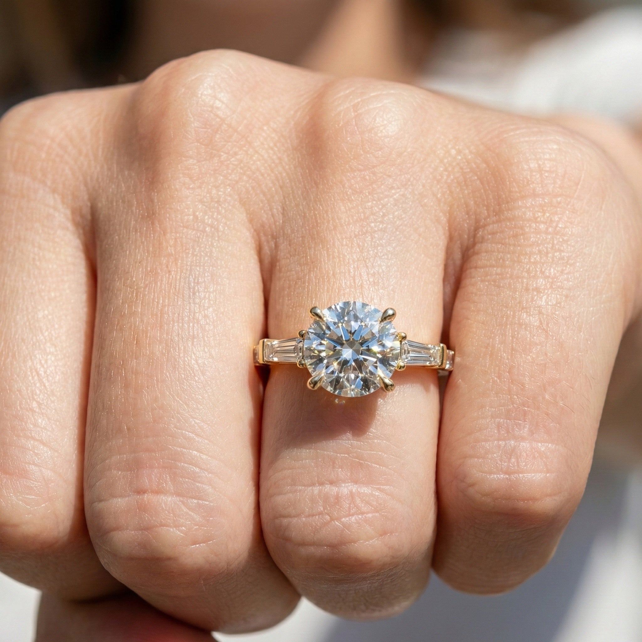 Baguette Accent Three-Stone Engagement Ring in 14K Solid Gold, 1.50 CT Round Cut Lab Grown Diamond, Elegant Jewelry, Anniversary Gift For Her