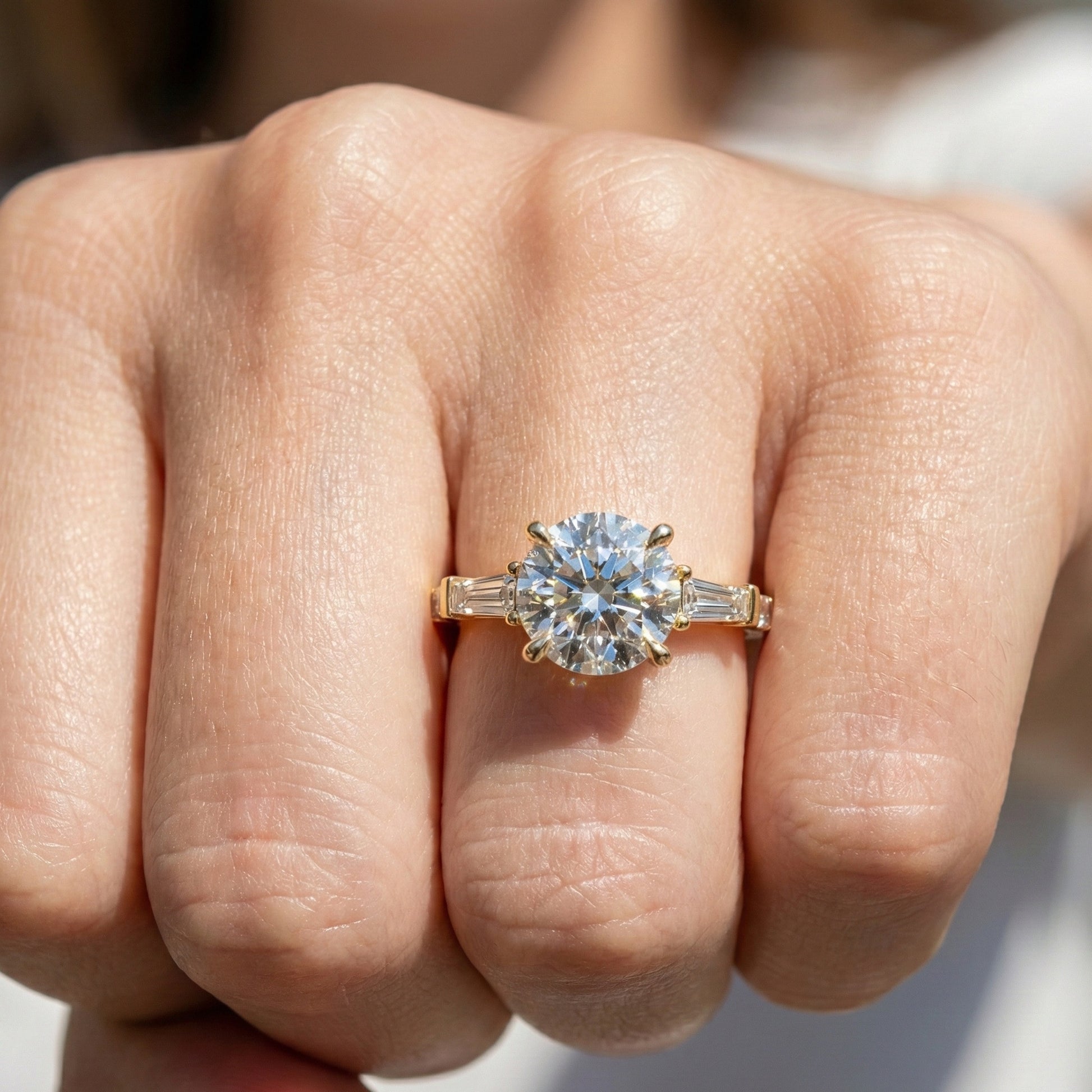 Baguette Accent Three-Stone Engagement Ring in 14K Solid Gold, 1.50 CT Round Cut Lab Grown Diamond, Elegant Jewelry, Anniversary Gift For Her