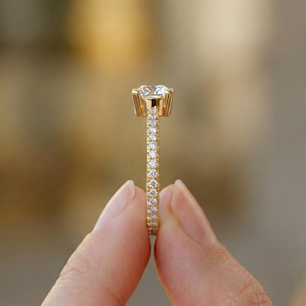 Dainty Pavé Solitaire Engagement Ring in 14K Solid Gold, 0.77 TCW Round Cut Lab Created Diamonds, Wedding Gift for Her, Daily Wear Ring