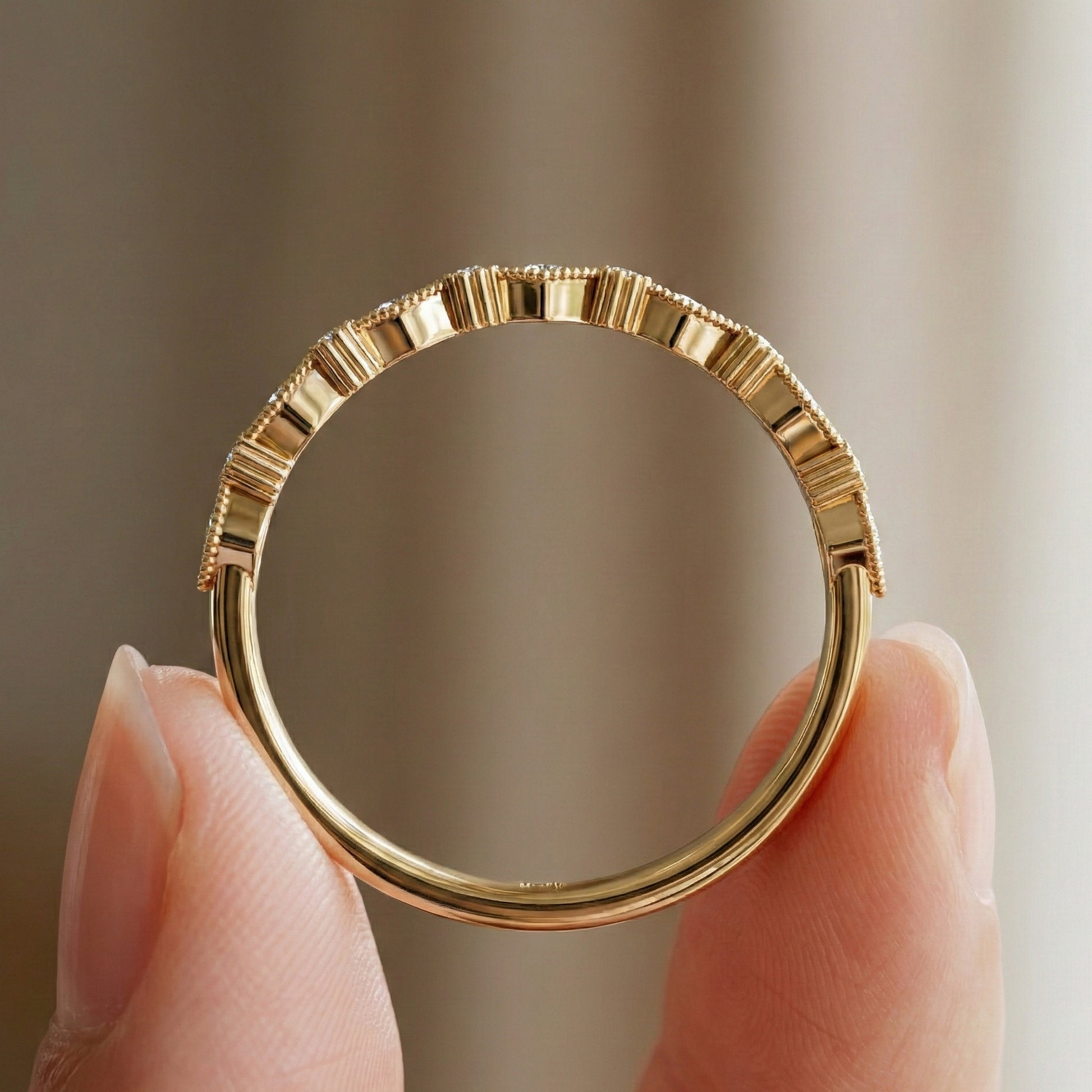 Vintage-Inspired Geometric Milgrain Wedding Band in 14K Solid Gold, 0.10 TCW Round Cut Lab Created Diamond, Stacker Gift For Her
