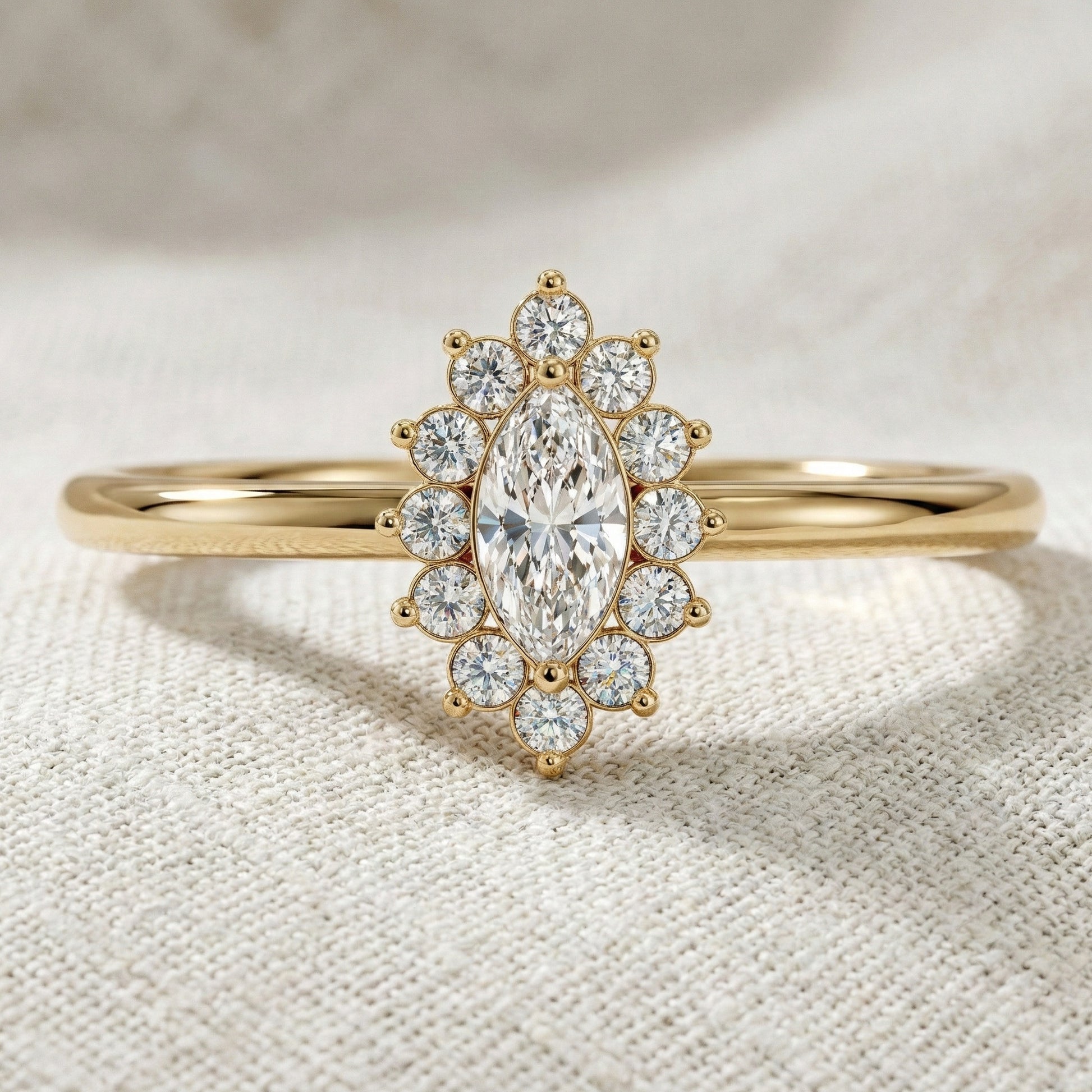 Marquise Floral Halo Cluster Engagement Ring in 14k Solid Gold, Unique Halo Wedding Band, Birthday Gift for Wife, Handmade Jewelry