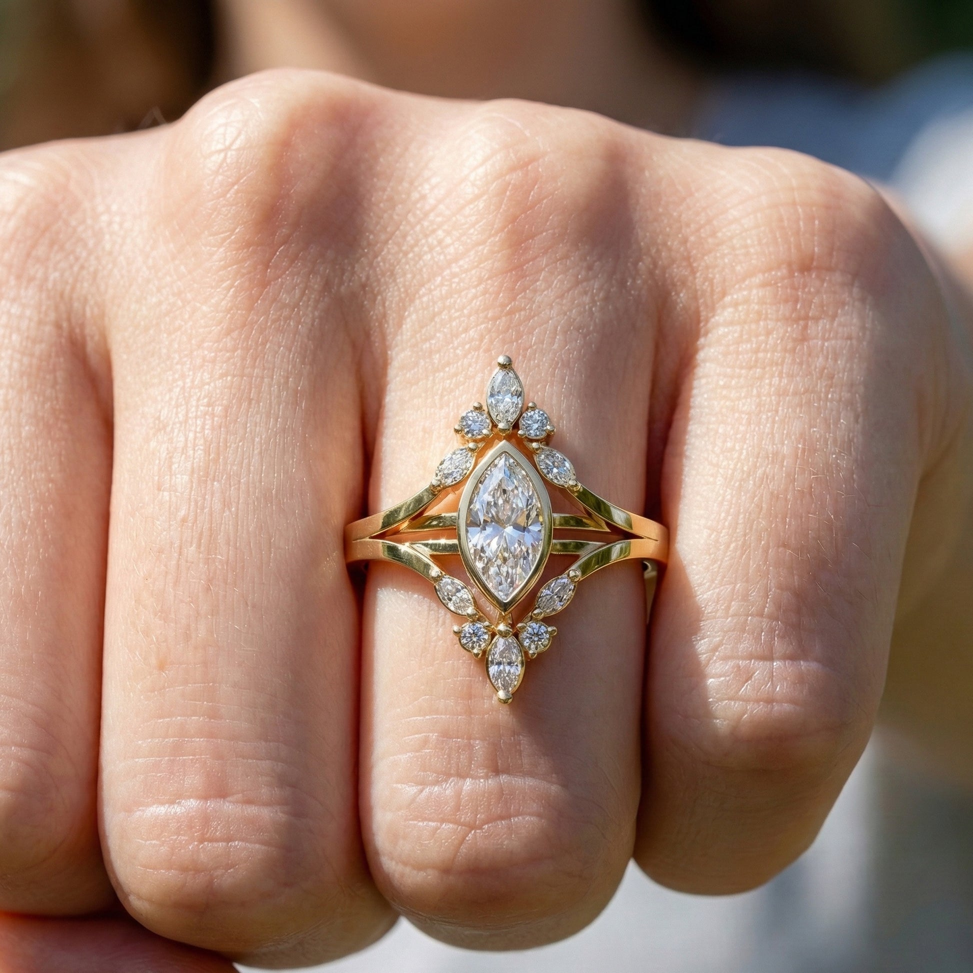 Splendid Marquise Cluster Halo Engagement Ring in 14k Solid Gold, 0.47 TCW Marquise/Round Cut Lab Created Diamonds, Anniversary Gift For Her, Everyday Ring