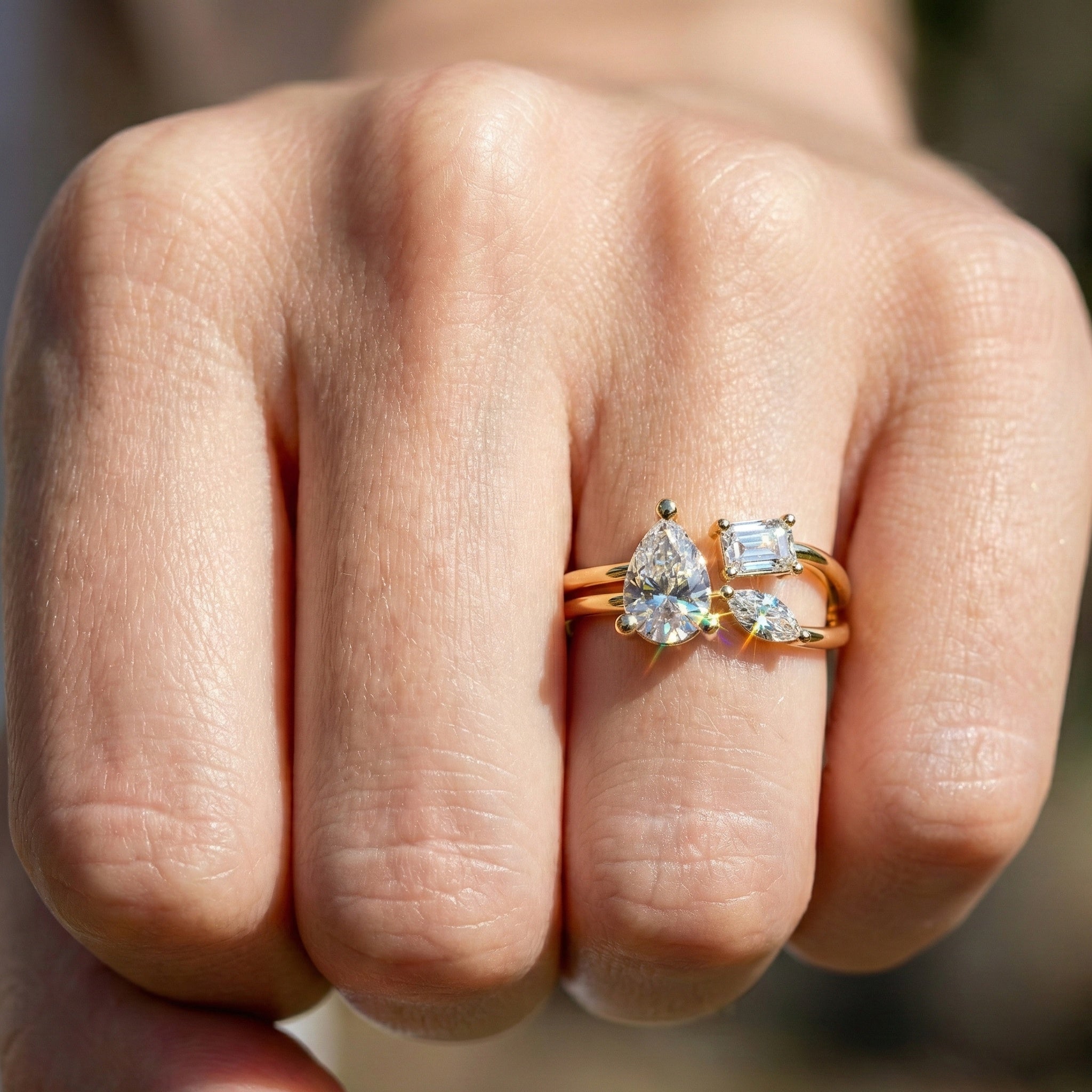 Sculpted Split Shank Three Stone Engagement Ring in 14K Solid Gold, 0.30 CT Pear Cut Lab Created Diamond, Gift for Her