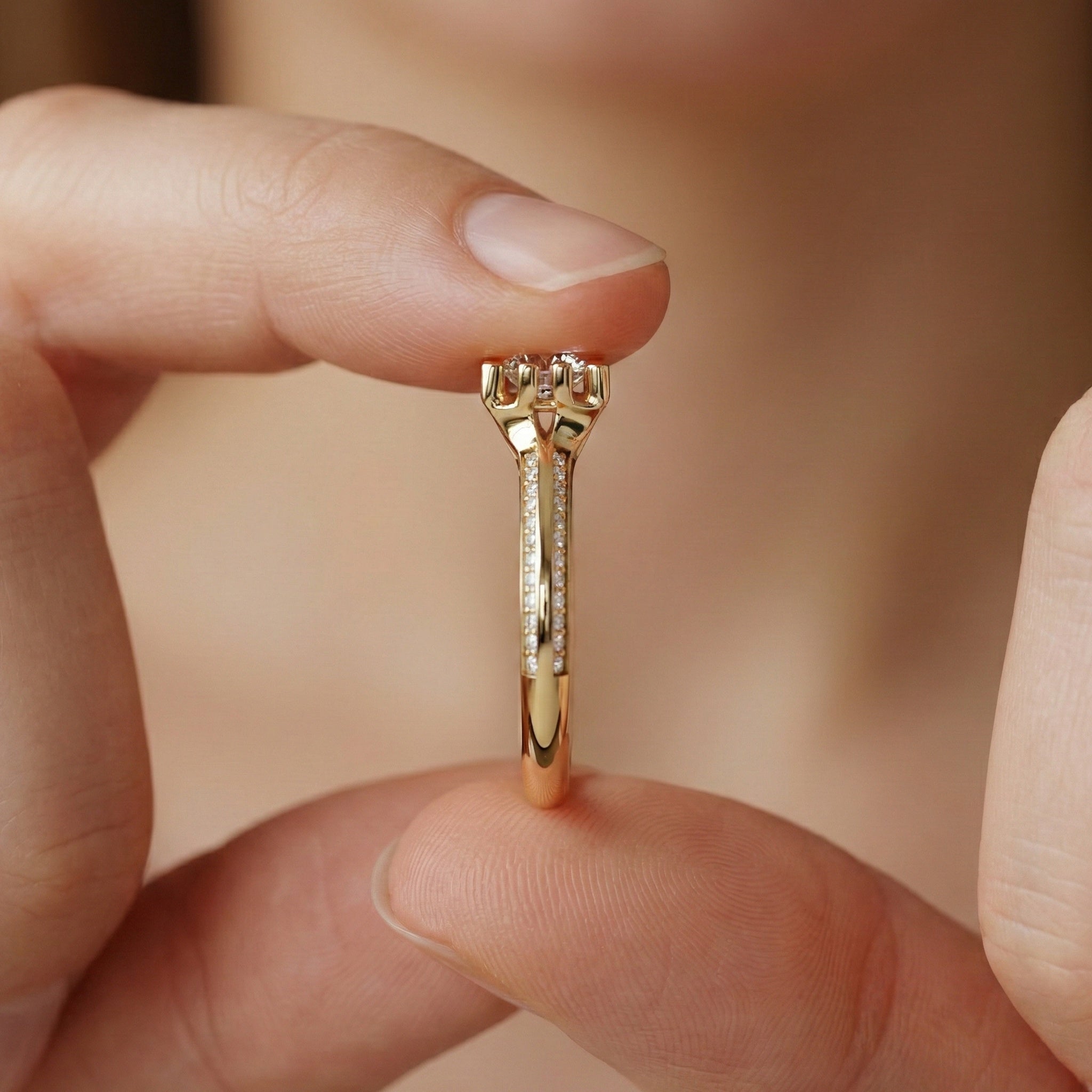 Open Shank Double Pavé Engagement Ring in 14K Solid Gold, 0.50 CT Round Cut Lab Created Diamond, Wedding Gift For Women, Unique Cuff Ring