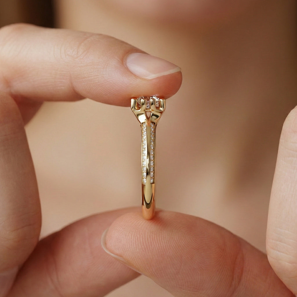 Open Shank Double Pavé Engagement Ring in 14K Solid Gold, 0.50 CT Round Cut Lab Created Diamond, Wedding Gift For Women, Unique Cuff Ring